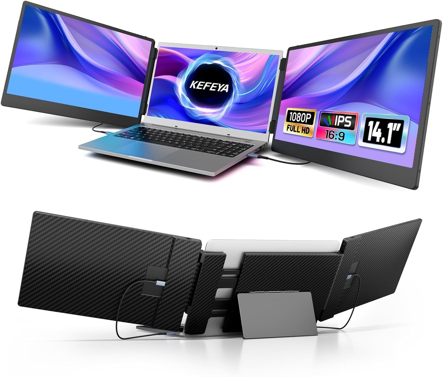 KEFEYA Triple Écran Moniteur Portable 14,1" avec Métallique Robuste pour Ordinateurs Portables 1080P HD IPS Plug and Play pour Windows/Chrome/Mac/Switch/PS5 - 1