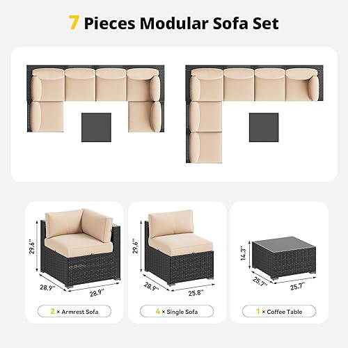 Miniatura 6 de Aoxun Juego de muebles de patio, 7 piezas de sofás seccionales para exteriores con cubierta Waterprool, muebles de mimbre para exteriores, juego de