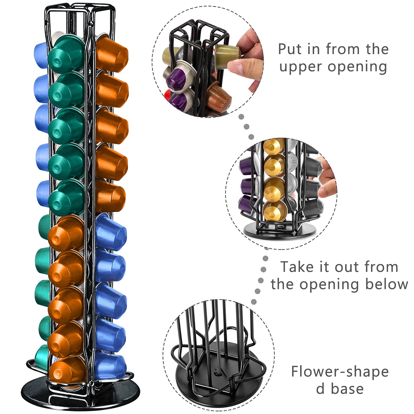 Frasheng Soportes para Cápsulas de Café,Puede Contener 40 cápsulas,360 Grados Giratorio,La base de fieltro y antiarañazos protege,Hecho de metal,Negro
