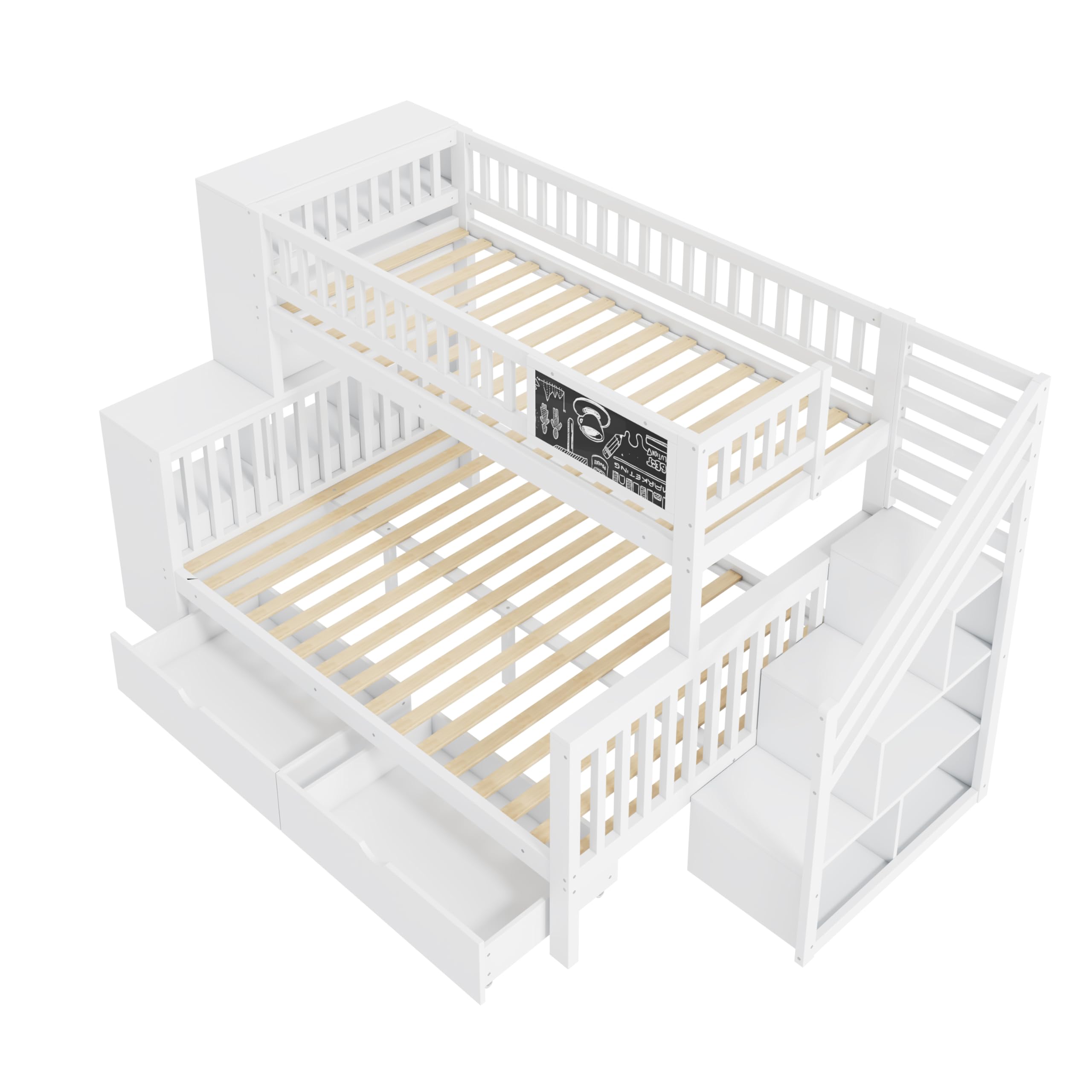 Letto a castello 140 x 200 | 90 x 200 cm, Scala di Sicurezza -Salvaspazio con vani portaoggetti, 2 cassetti, Libreria Grande a 6 Ripiani, Pino Robusto Bianco, 3 adolescenti e adulti