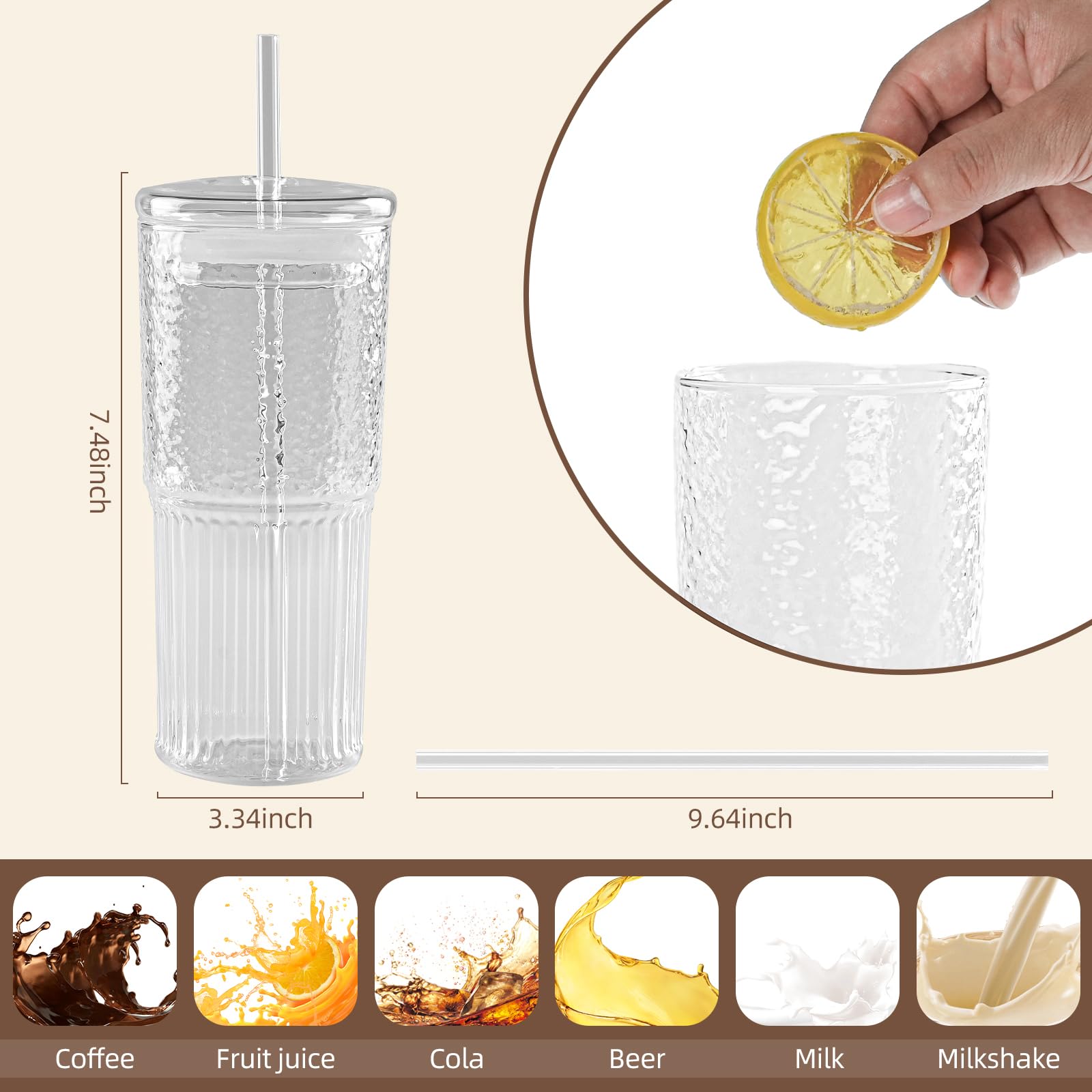 Glasbecher mit Deckel und Strohhalmen, 567 g, 4er-Set, Eiskaffeetassen für kalte Kaffee, Milch, hoher Borosilikatglasbecher zum Trinken von Saft