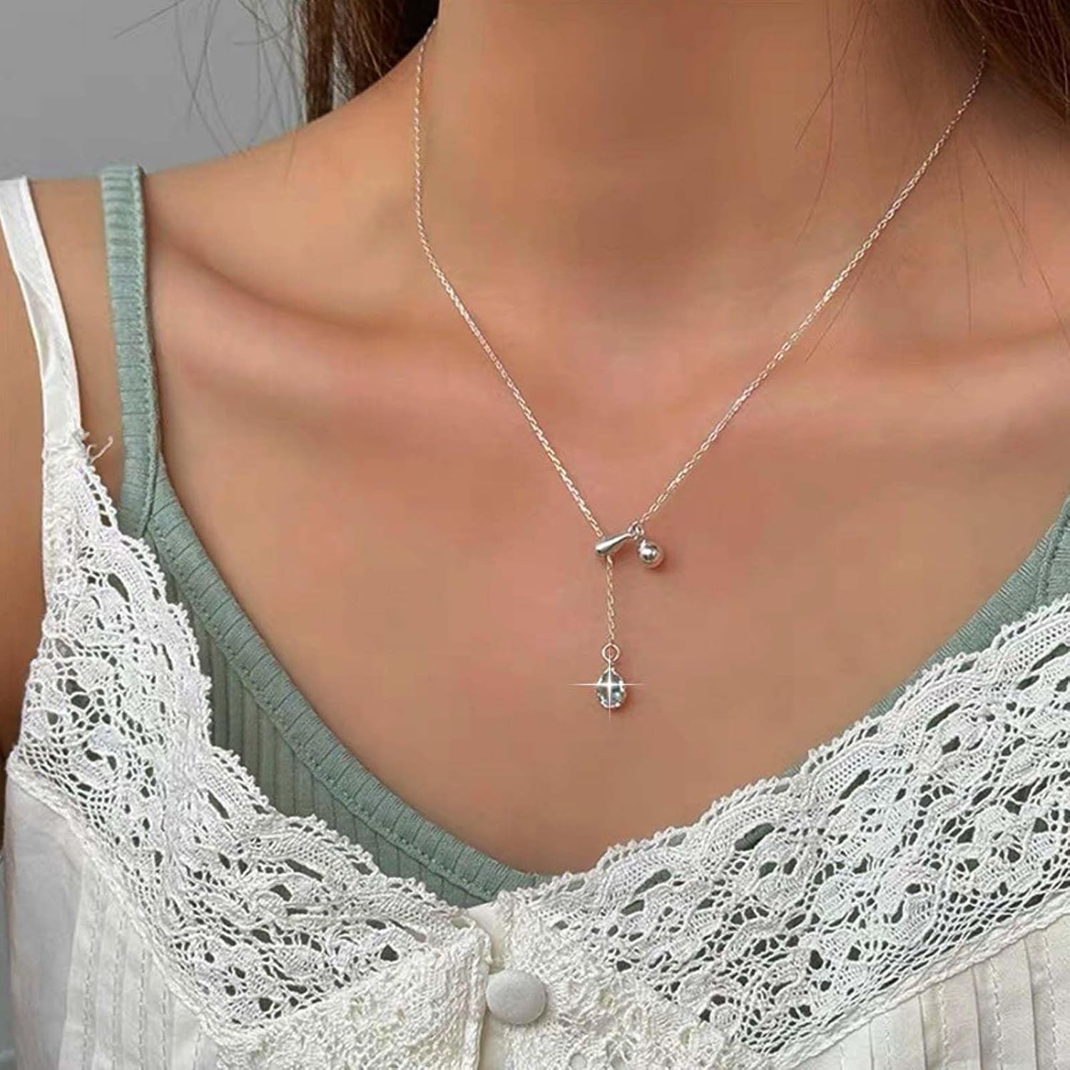 Vintage Teardrop Crystal Y Lariat Necklace Silver Tiny Teardrop Choker Necklace Small Cz Rhinestone Y Drop Necklace Blue Cubic Crystal Pendant Necklace Jewelry for Women - Image 2