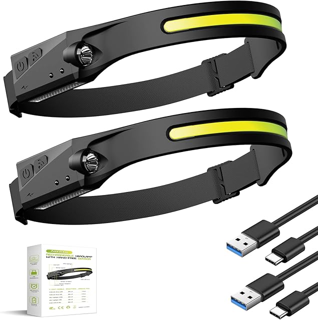 Amstory LED Head Torch Rechargeable, Camping Headlight LED Rechargeable Head Torch Headlamp with Motion Sensor Water-Resistant Lightweight Head Flashlight for Running Cycling Walking Fishing Hiking
