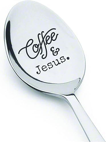 Coffee and Jesus - Cuchara grabada de plata inoxidable | Regalo de boda religiosa | Idea de regalo para pastor | Amor a los padres – Hijo/hija |