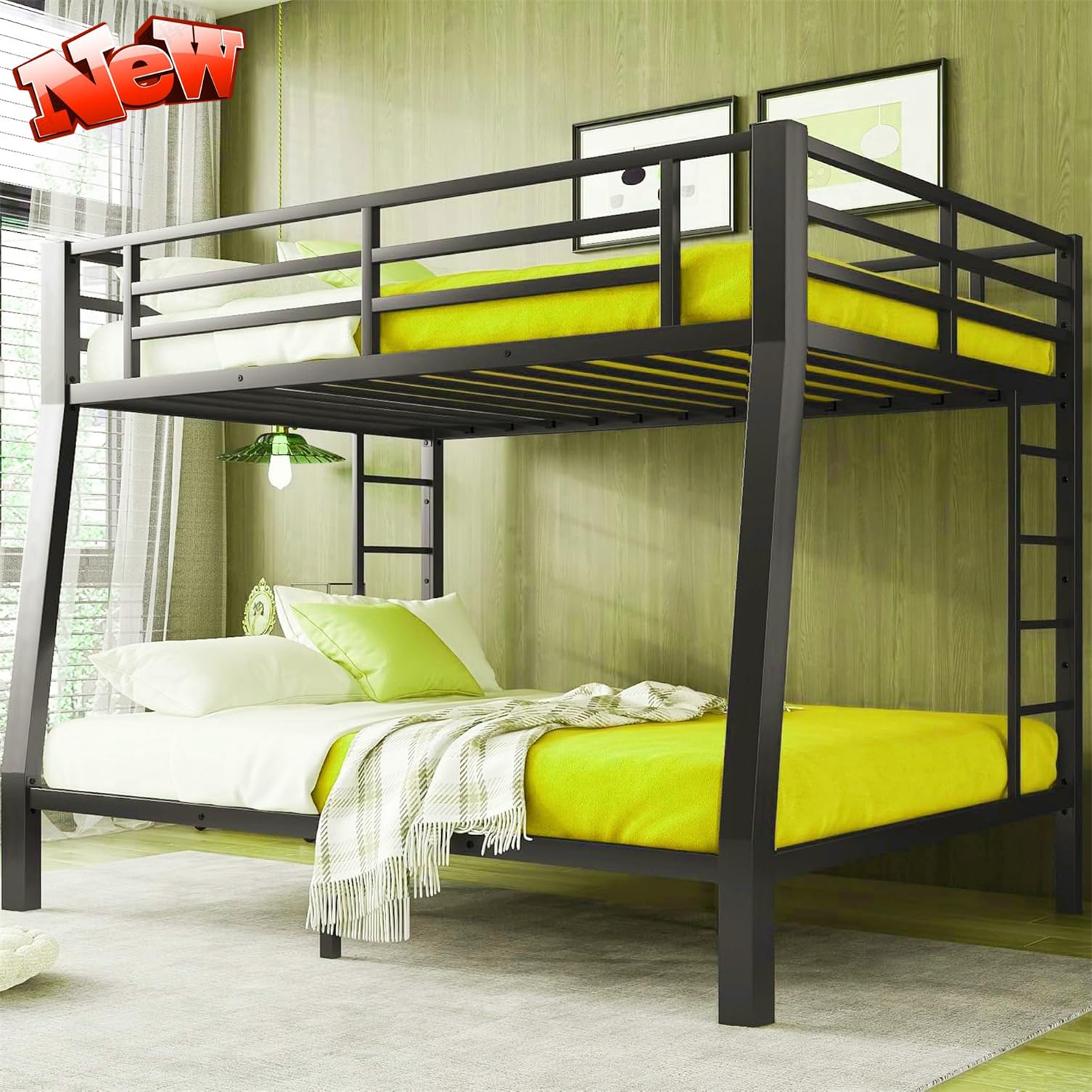 TSAMPA Latest Upgraded & Stronger Metal Bunk Bed Full XL Over Queen Size, More Stable and Safer Steel Heavy Duty Bunk Queen Bed Frame with Thickened