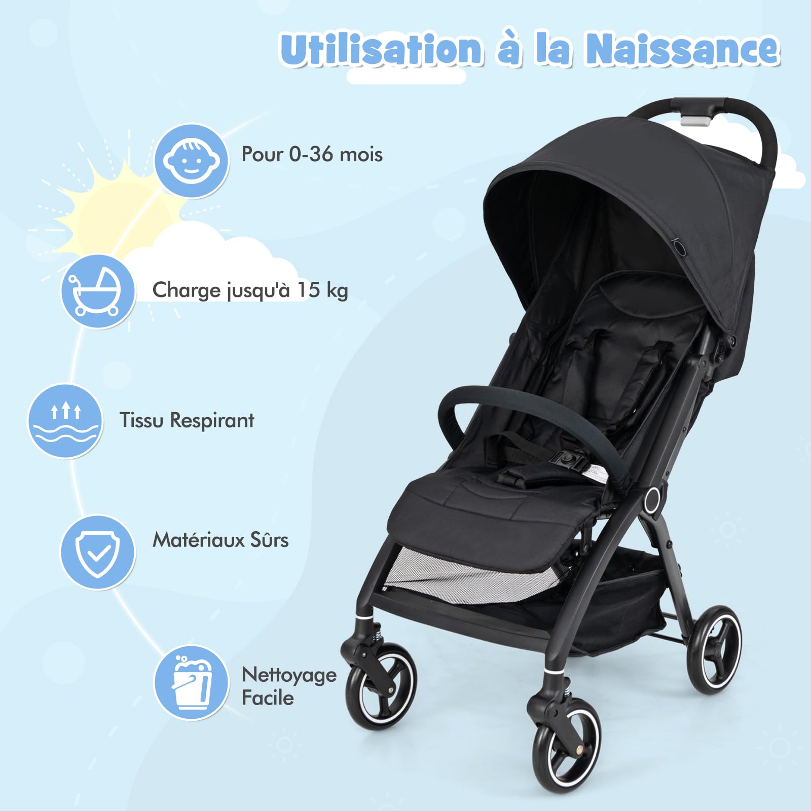 DREAMADE Poussette Canne, Légère 6,2 KG, 0-36 Mois, Poussette Ultra Compact Bébé Pliable à Une Main (Noir)