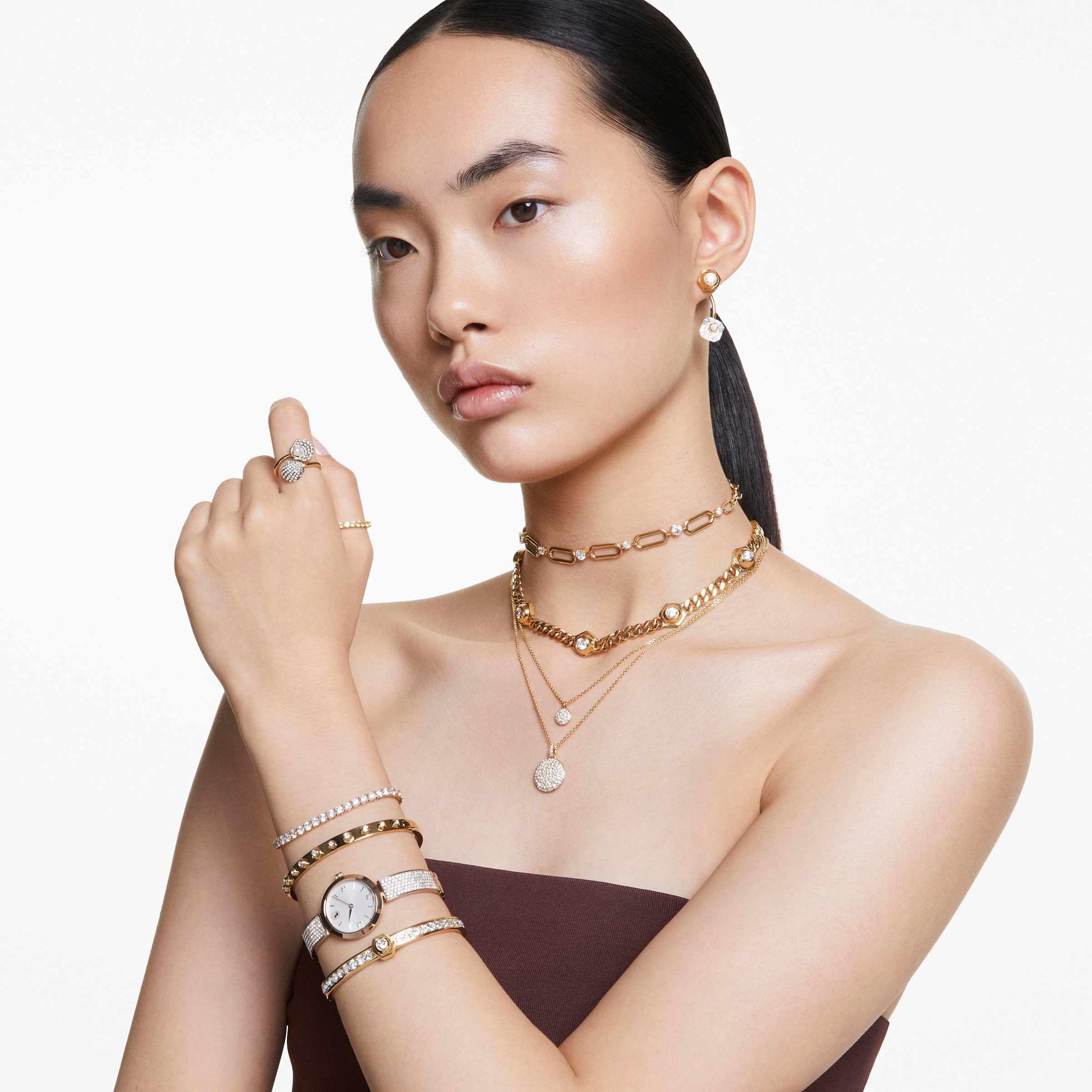 Swarovski Otwarty pierścionek Idyllia, Kryształowa Perła, Muszla, Biały, Powłoka w odcieniu złota