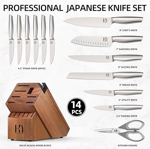 Miniatura 6 de KnifeSaga - Juego de cuchillos de cocina de 14 piezas de acero inoxidable japonés de alto carbono con afilador integrado, juego de cuchillos de chef