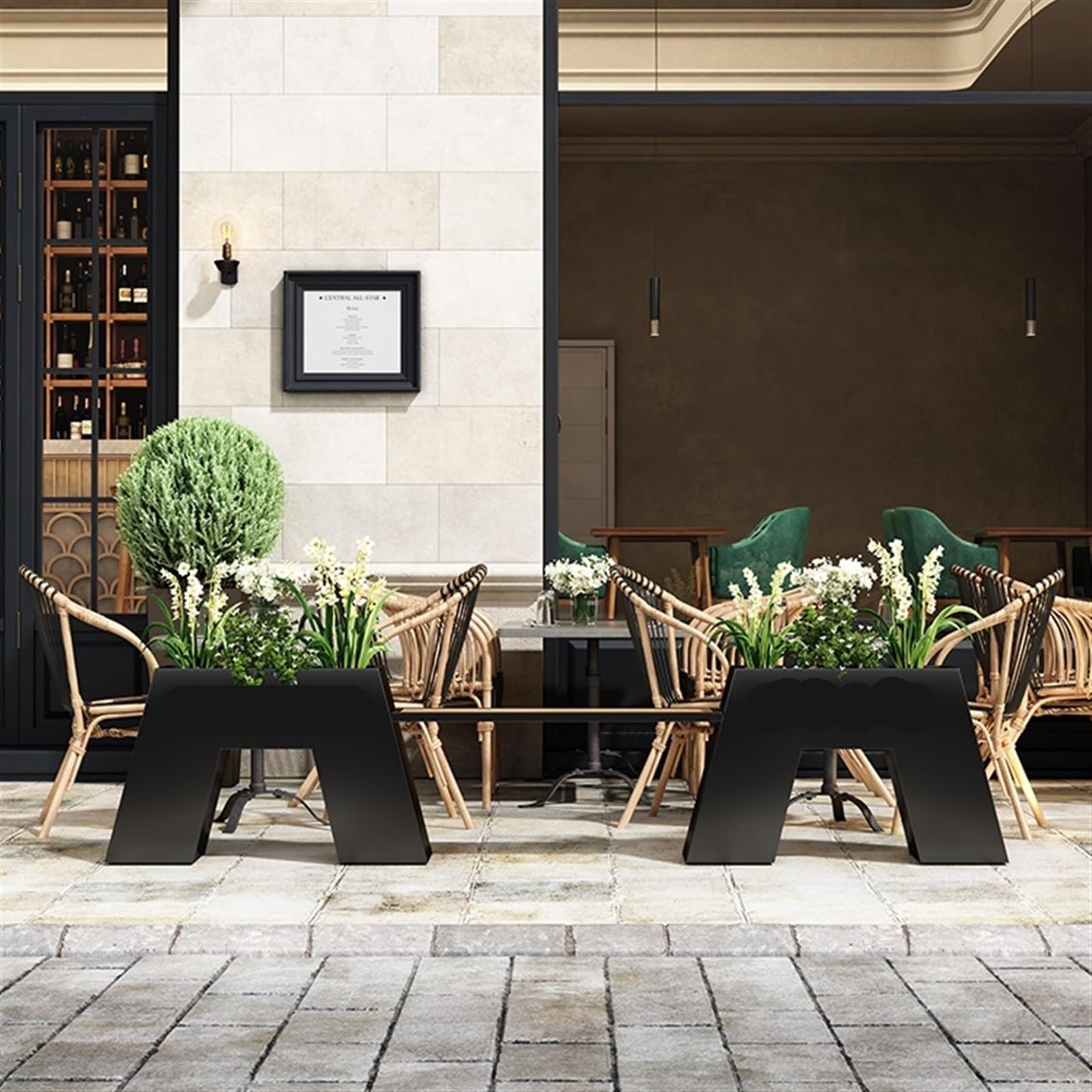 Blumenkasten mit Bank Schwarze Pflanzbänke aus kreativem Metall for den Außenbereich, 2-in-1-Pflanzkasten aus Holz, Terrassenpflanzkasten for Veranda, Terrasse, Garten und Hinterhof Bank mit Pflanzküb