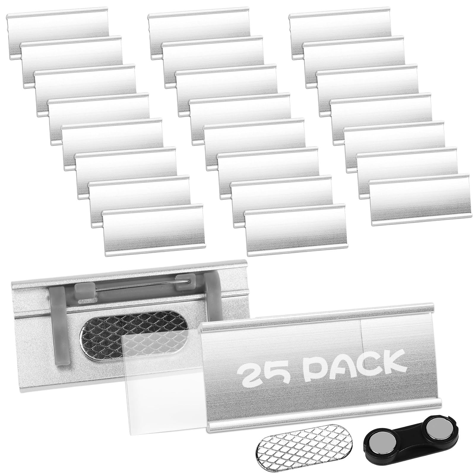 Noble Aluminium Naamlabels met Sterke Doppelmagneet Zilver Geanodiseerd Professionele Kwaliteit, Modieus Gebogen Ca. 70x25mm met Papiereinschub - Zilverwerk