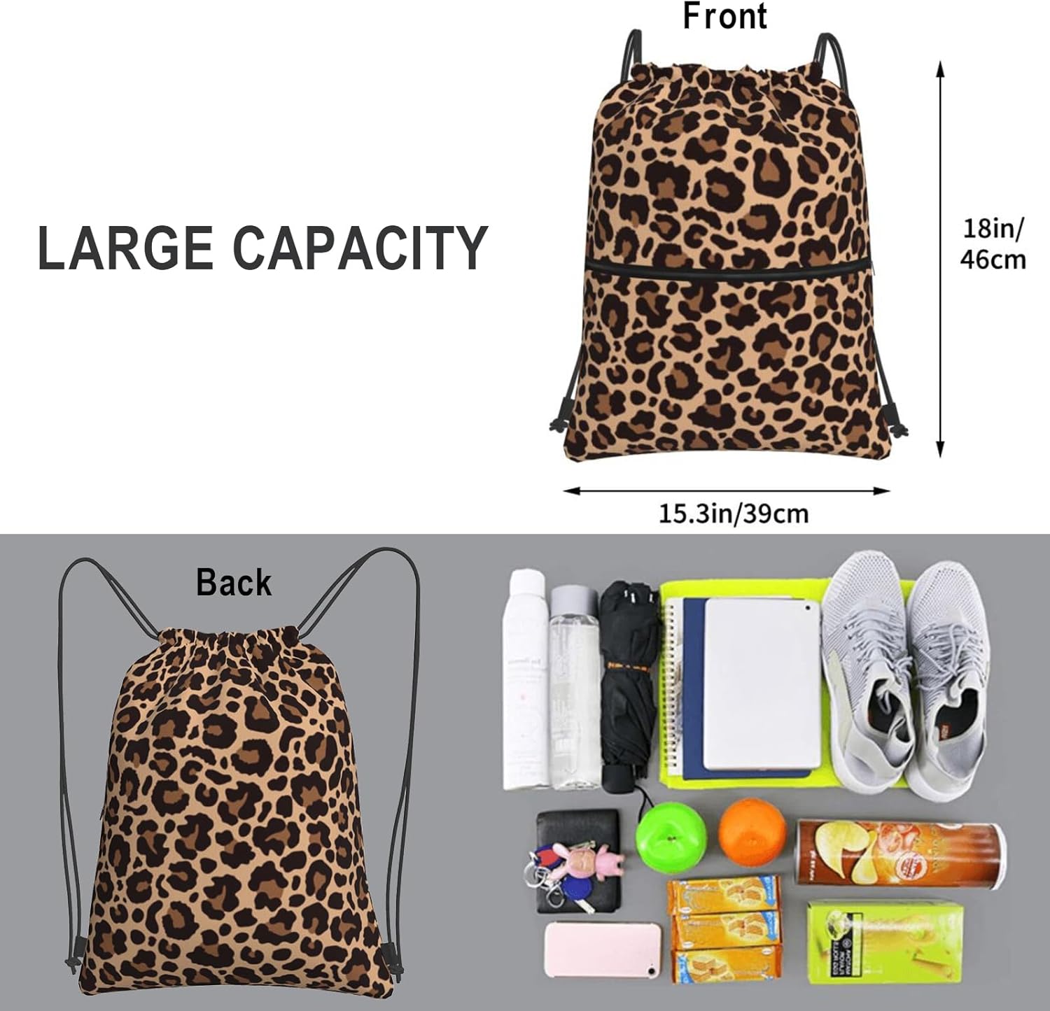 Leopard Printing Drawstring Backpack Bag Sport Gym Sackpack Durable Waterproof Lightweight for Men Women Beach Bag String Bag - Image 3