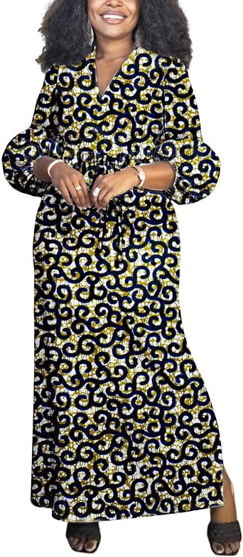 SEA&ALP African Dresses for Women Elegant V Neck Dashiki Casual Ankara Print Clothing Maxi Dress