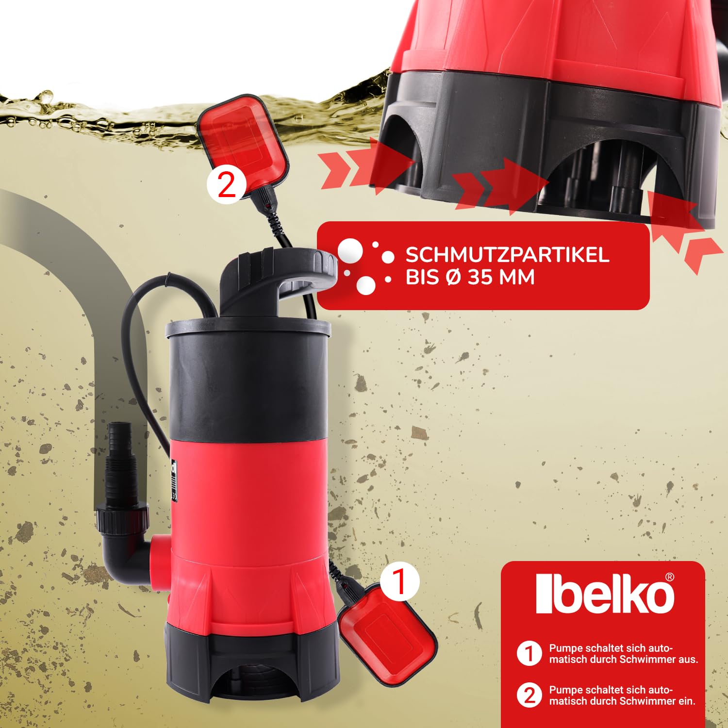 Schmutzwasserpumpe BKELSP850W (850 W, Ø35 mm Fremdkörper, 15.000 L/h Fördermenge, Schwimmerschalter, Tragegriff, Universalanschluss) Tauchpumpe flachsaugend