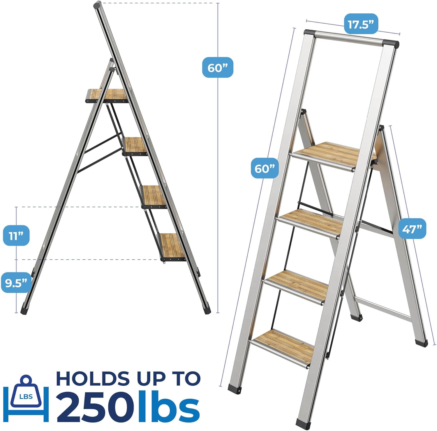 Step Ladder 4 Step Folding, Decorative - Beautiful Bamboo & Silver Aluminum, Ultra Slim Profile, Anti Slip Steps, Sturdy-Portable for Home, Office, Kitchen, Photography Use,by SORFEY