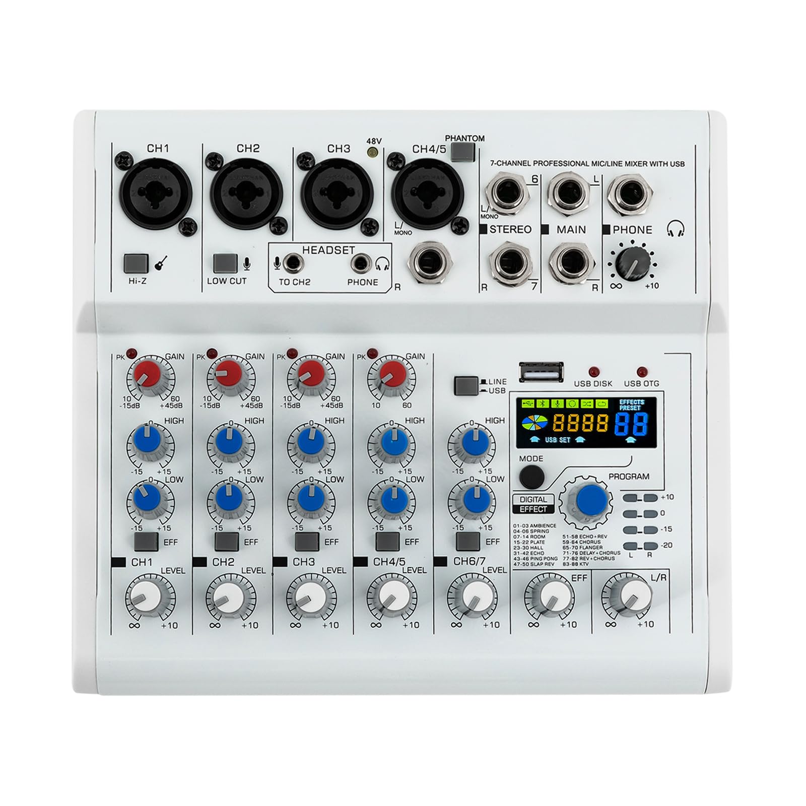 7 Kanal Mischpult, Audio Mixer mit 88 Digital-Effekte Farbdisplay Bluetooth-Kompatible Verbindung 7 Kanal Musik Mixer Studio Bluetooth Mini-Audio-DJ-Mixer