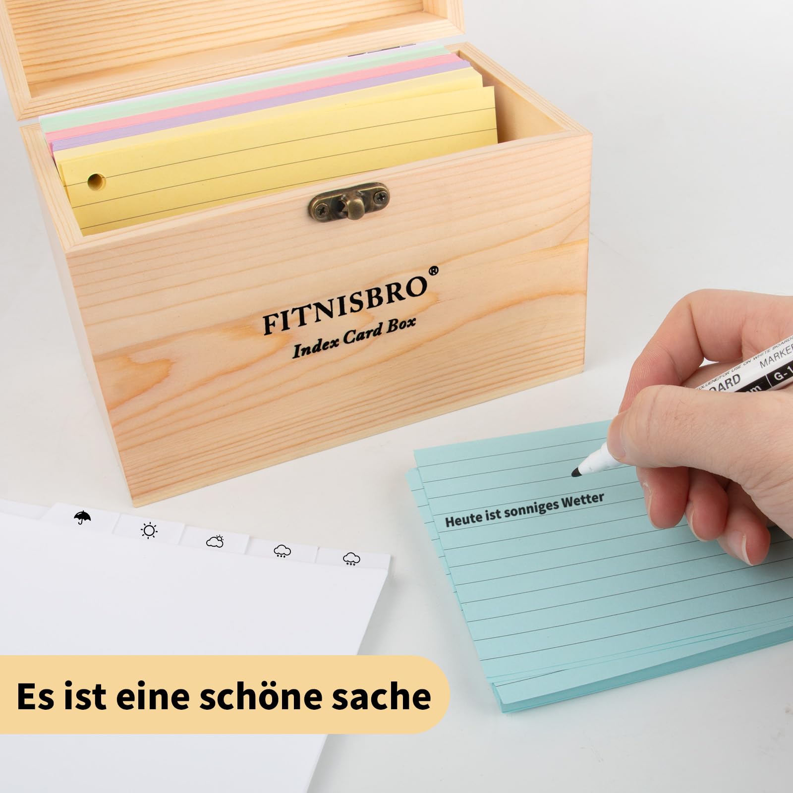 Karteikarten Box A6, 17.5 x 10 x 13cm Pinienholz KarteikartenBox, 300 linierte Notizblätter im Lieferumfang enthalten, 12 Register 6 Ringen 2 Aufkleber,für Vokabeln, Lernnotizen, Rezepte