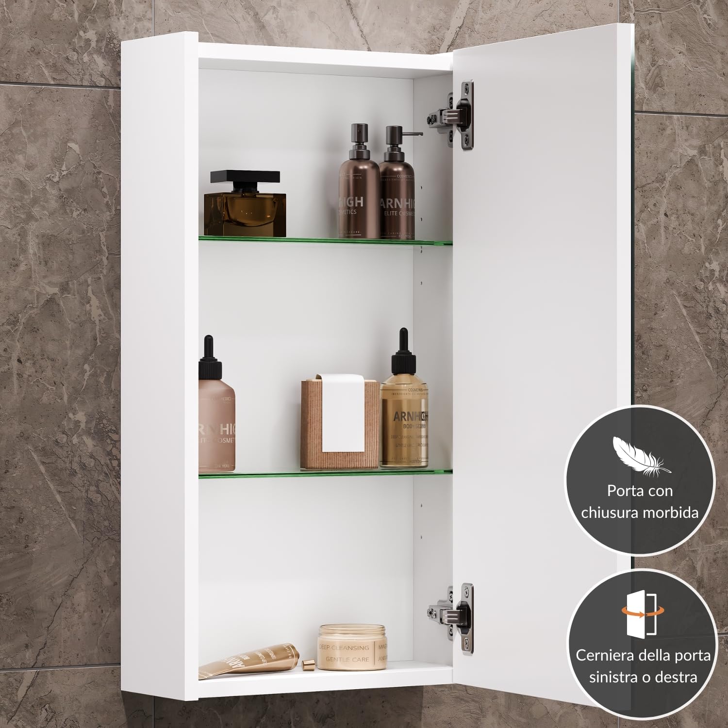 Armadietto Da Bagno Con Specchio 40,6 X 66 Cm - Senza Cornice, 3 Ripiani In Vetro, Montaggio A Incasso O Superficie