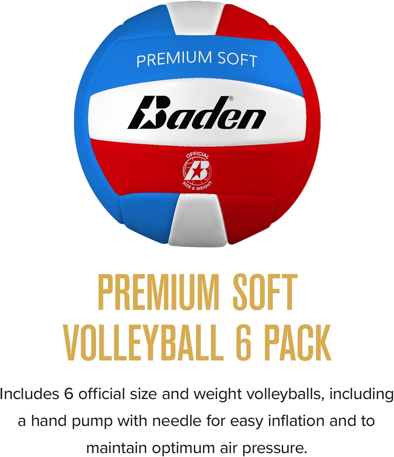 Baden Premium Soft Synthetic Leather Official Size & Weight Outdoor Volleyball 6 Pack with Pump - Image 2