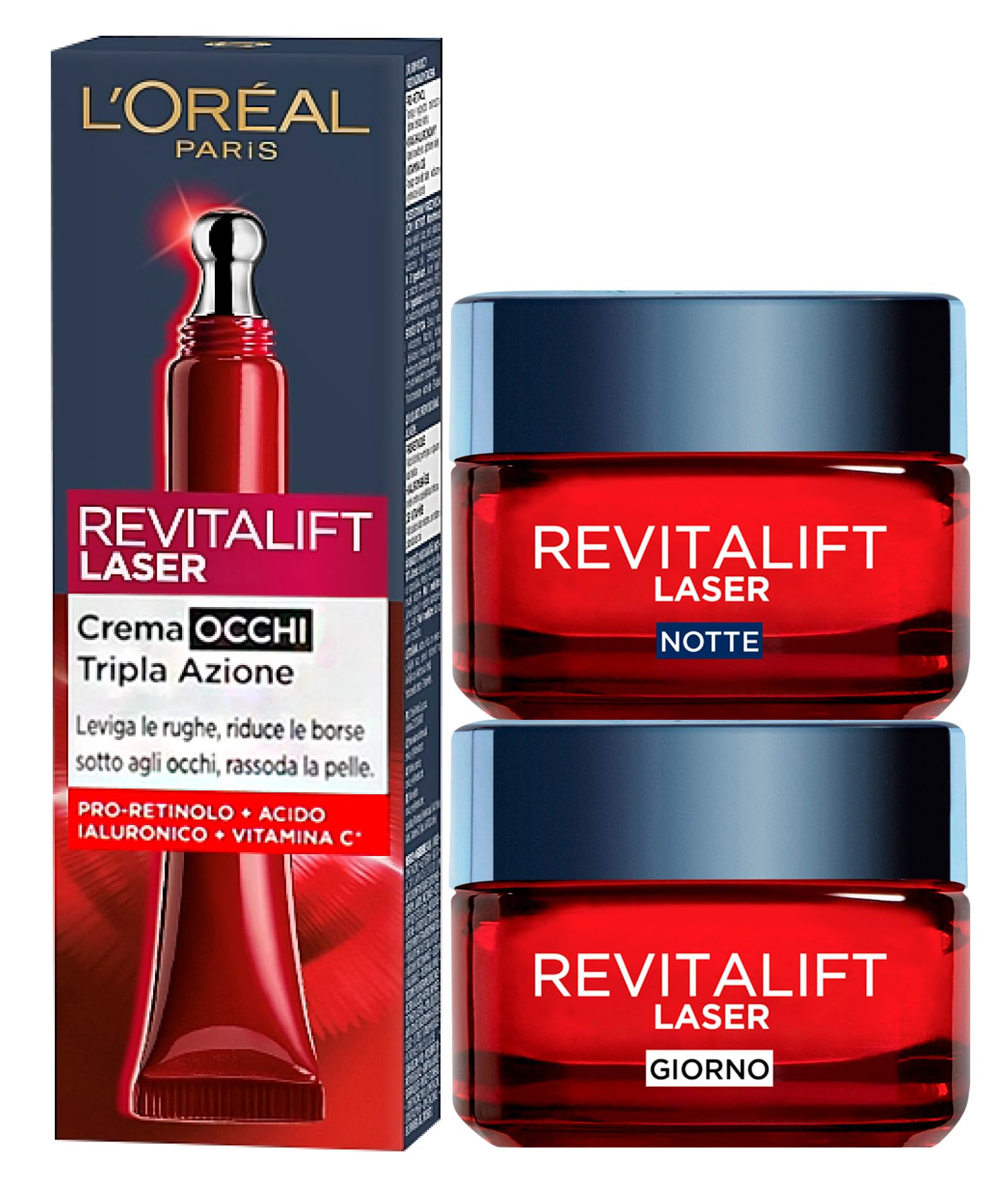 L'Oréal Paris Revitalift Laser Kit con Trattamento Viso Crema Notte Anti-Età + Crema Occhi Tripla Azione Anti-Rughe con Pro-Retinolo + Crema Giorno Rassodante con Acido Ialuronico e Vitamina C