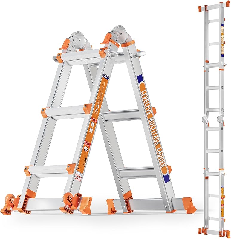11FT Extension Ladder,A Frame 3 Step Ladder with Stabilizer Bar & Wheels,330 lbs Security Load Multi Position Ladder for Stairs Home Indoor Outdoor Roof