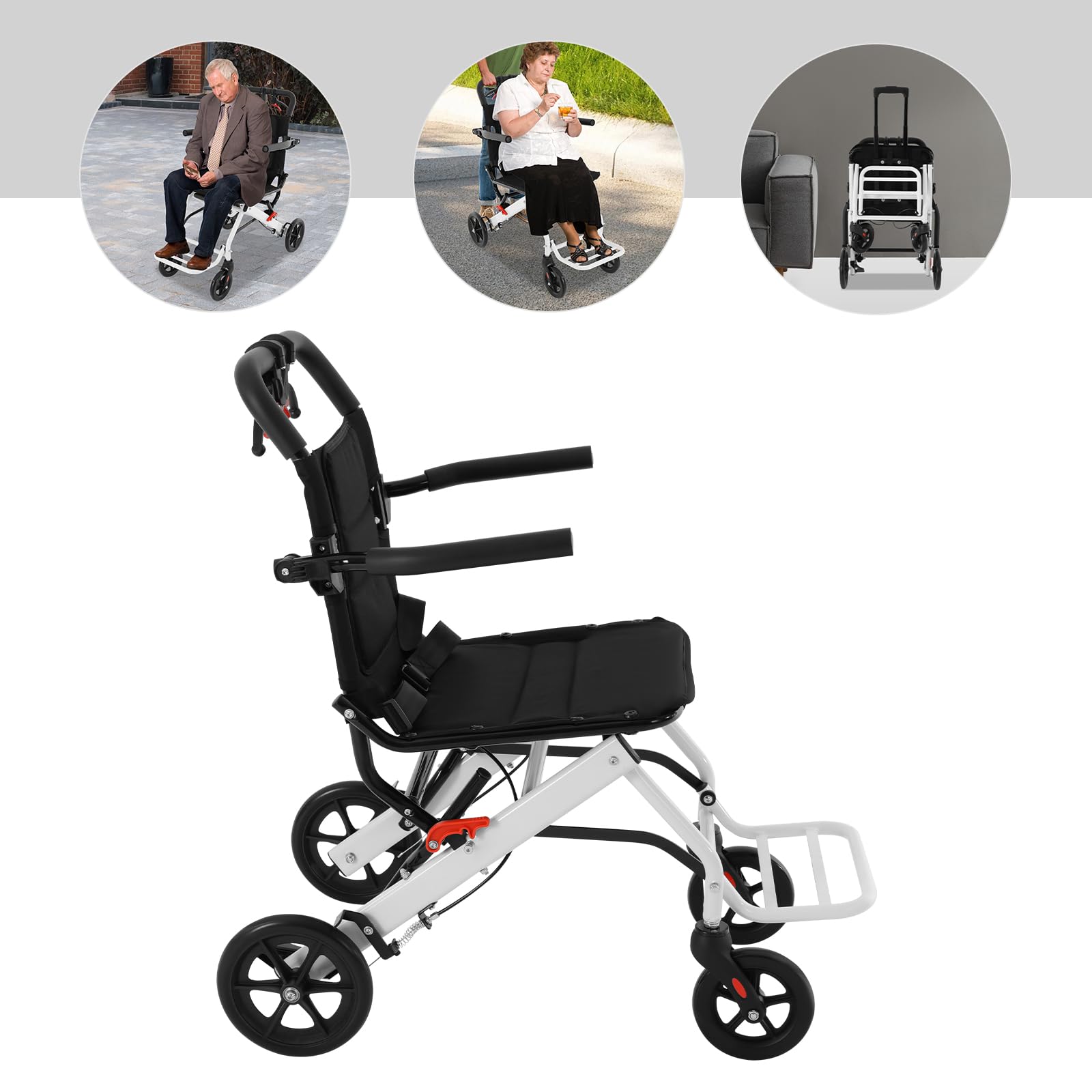 Silla de ruedas plegable para viajes, con capacidad de carga de 100 kg, aluminio y neumáticos de goma, plegable, compacta, con freno de seguridad, tamaño del asiento: 40 x 40 cm