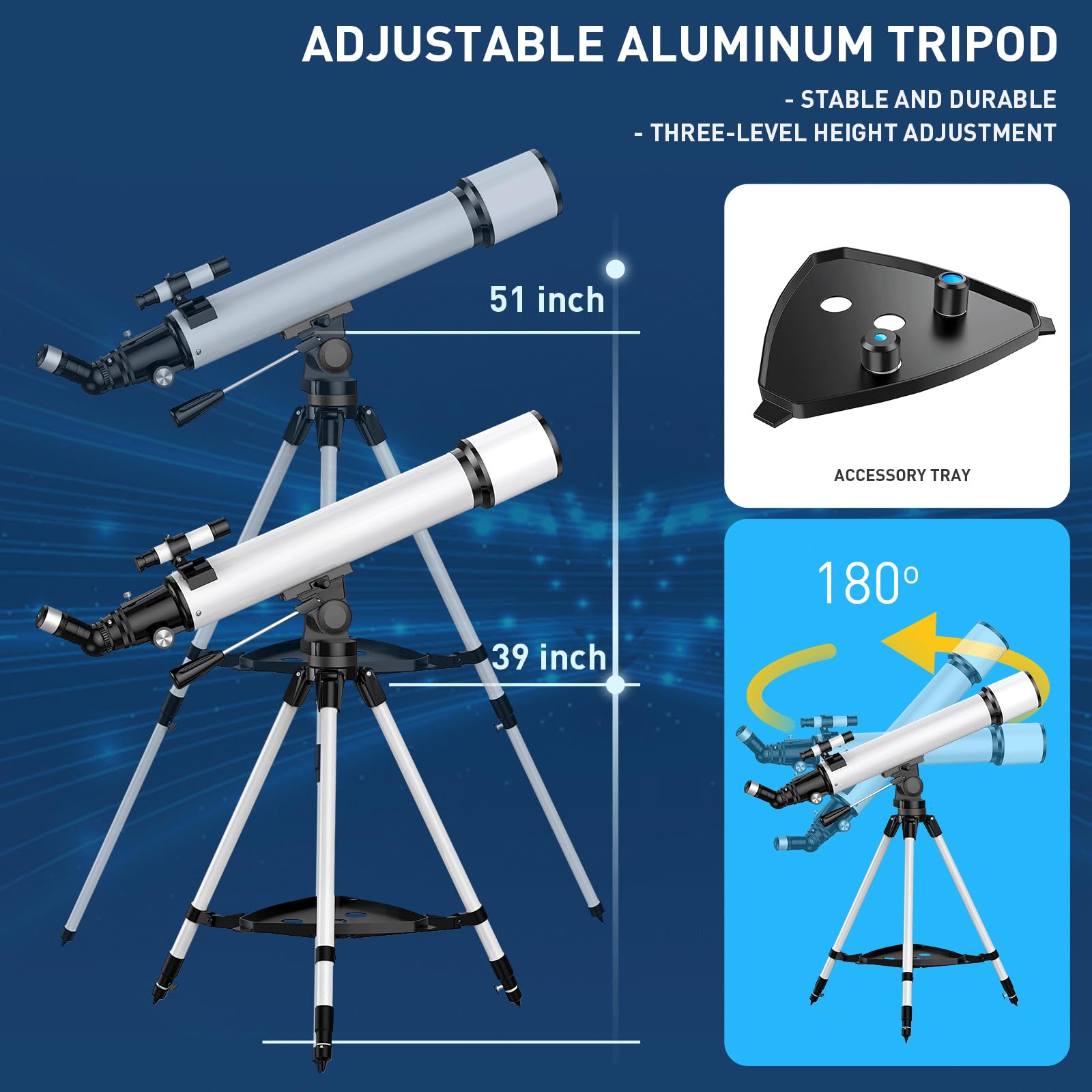 Telescopio 80mm Apertura 800mm -Magnificación 24-240X, Telescopio Astronómico Refractor Completamente Recubierto de Alta Transmisión AZ Montura con Trípode & Control Inalámbrico & Bolsa de Transporte