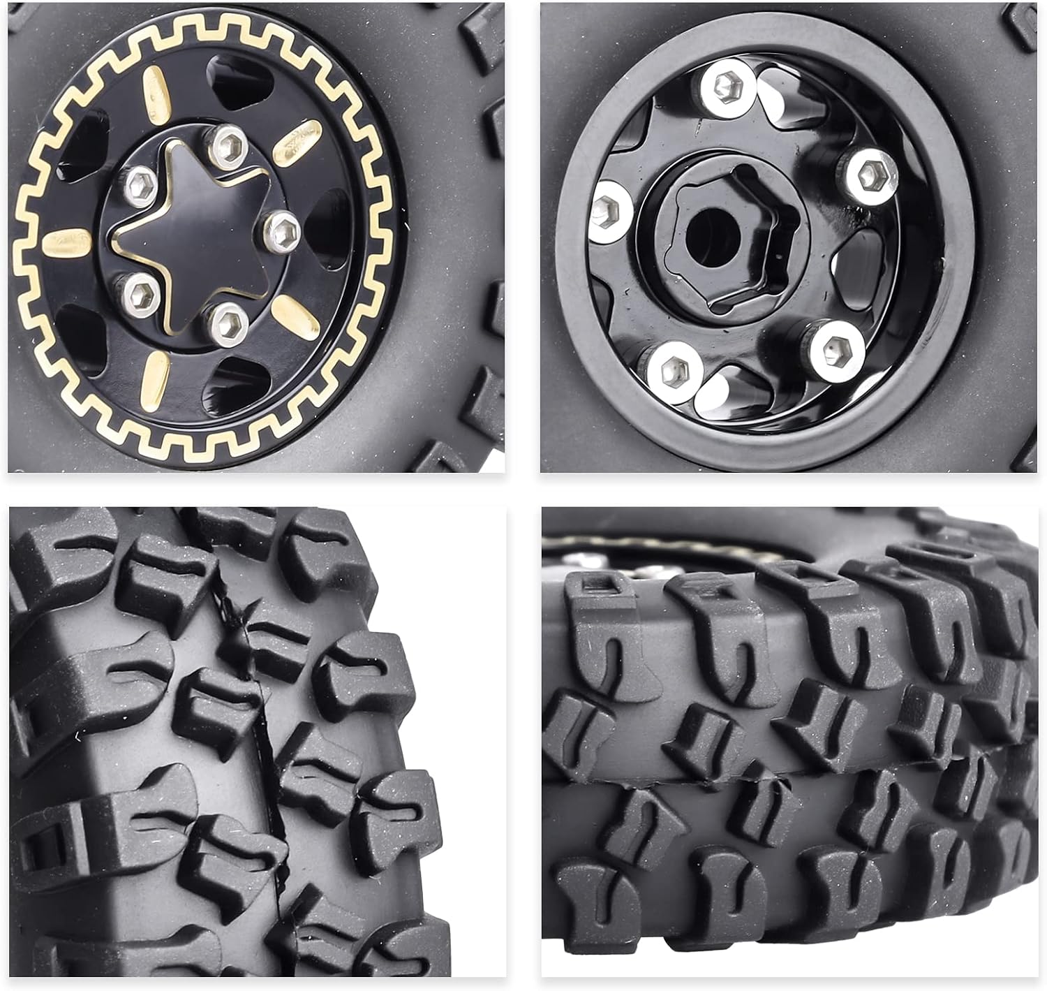 HobbyPark Brass 1.0 Beadlock Wheels and Tires for TRX4M Upgrades Axial SCX24 1/24 RC Crawler Replacement Parts, Set of 4 (Type B)