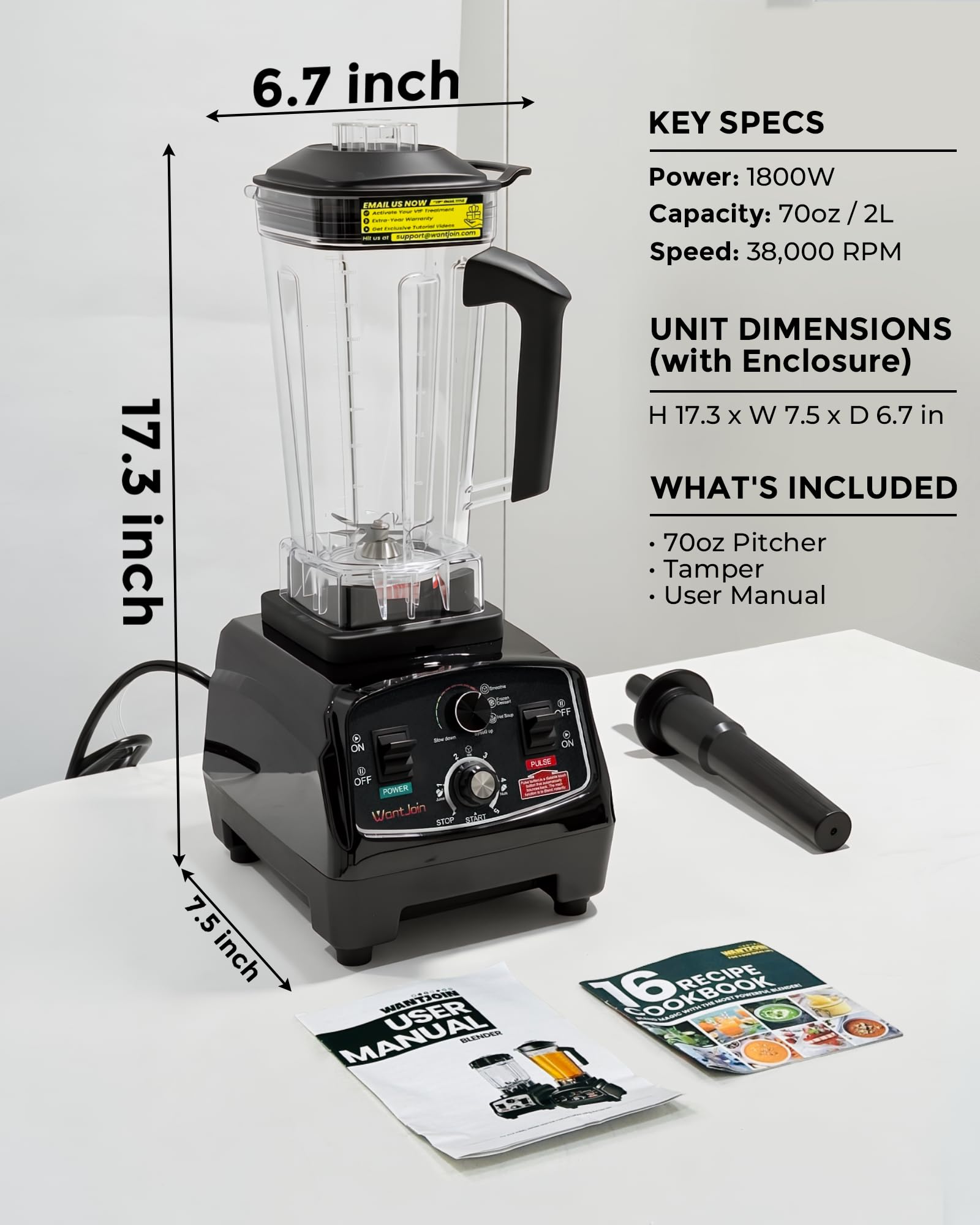 WantJoin Hochleistungsmixer 1800W | 2000ml Smoothie Maker für Gastronomie & Haushalt, ETL-geprüfter Standmixer mit Timer, Eiscrusher für Frozen Dessert, Suppe & Fisch