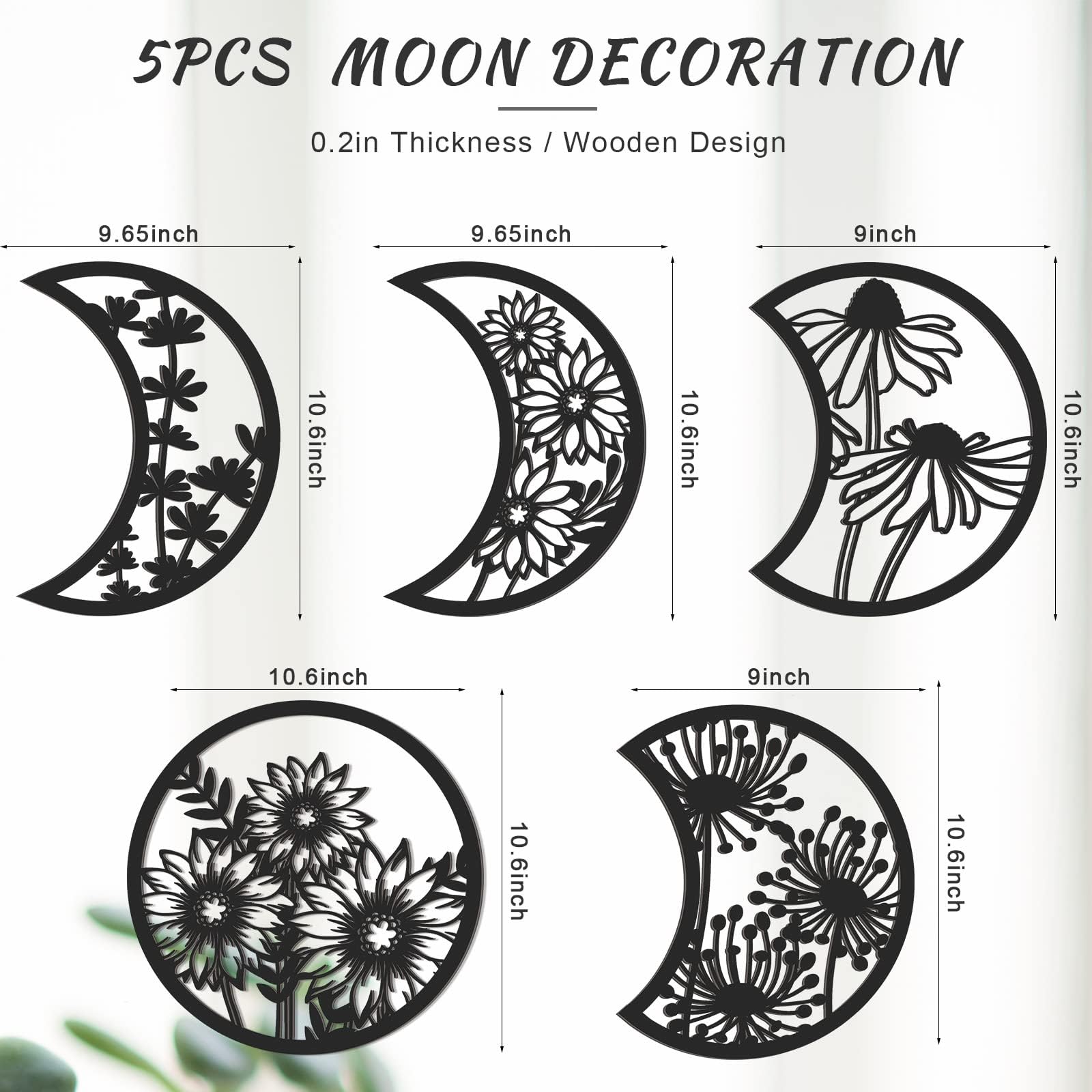 Jetec 5 Pieces Moon Phase Wall Decor Boho Hanging Moon Phase Nordic Wood Wall Art for Living Room Bedroom Home Wall Decoration Room Apartment Bar Ornament (Black)