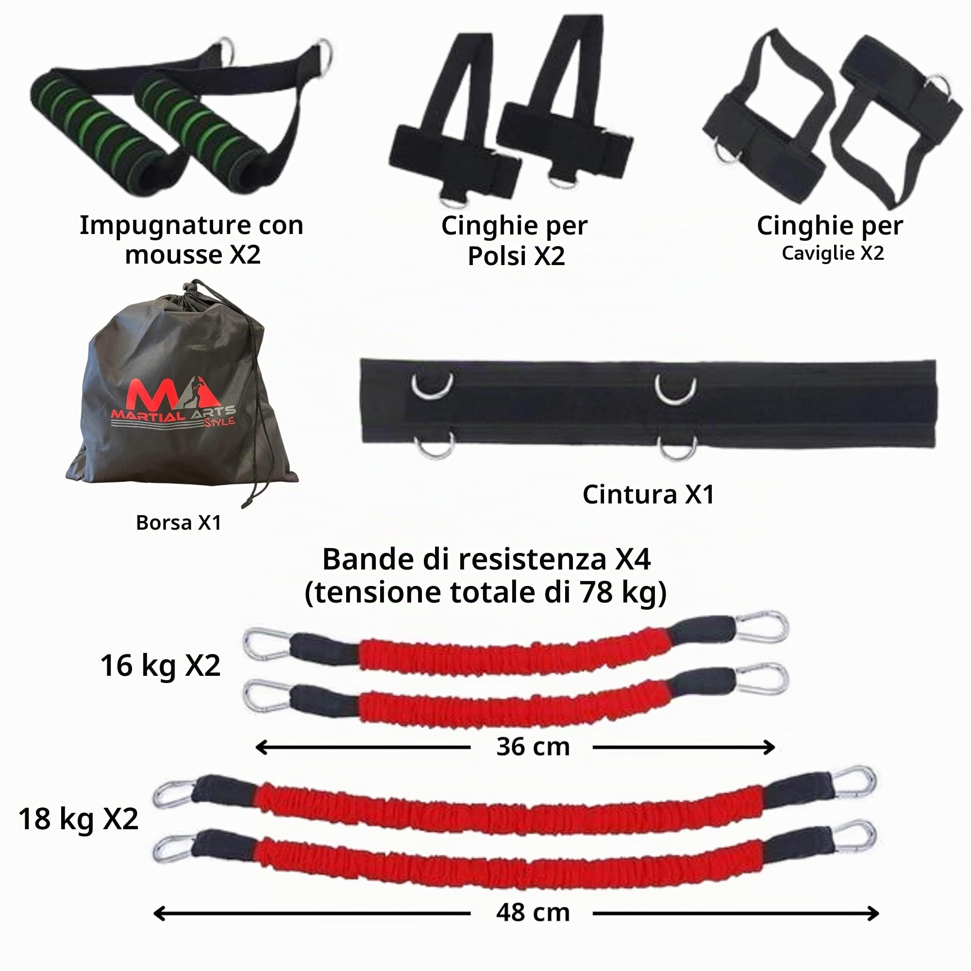 Fasce di resistenza per arti marziali e arti marziali, allenamento a casa per pugni/calci, fasce per esercizi da 68 kg, allenamento completo per il fitness per migliorare potenza