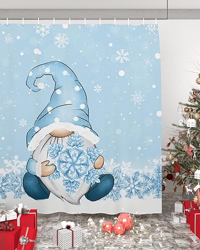 Miniatura 4 de Cortina de ducha de gnomos de Navidad azules, vacaciones de invierno, copos de nieve blanco, azul, impermeable, lavable, bohemio, lindo, divertido,