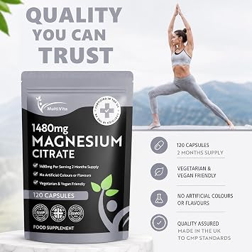 Magnesium Citrate 1,480mg 120 Vegan Capsules 2 Months Supply - Providing 440mg Elemental Magnesium Per Serving - Magnesium Capsules not Magnesium Tablets - High Strength Magnesium Supplement GMO Free