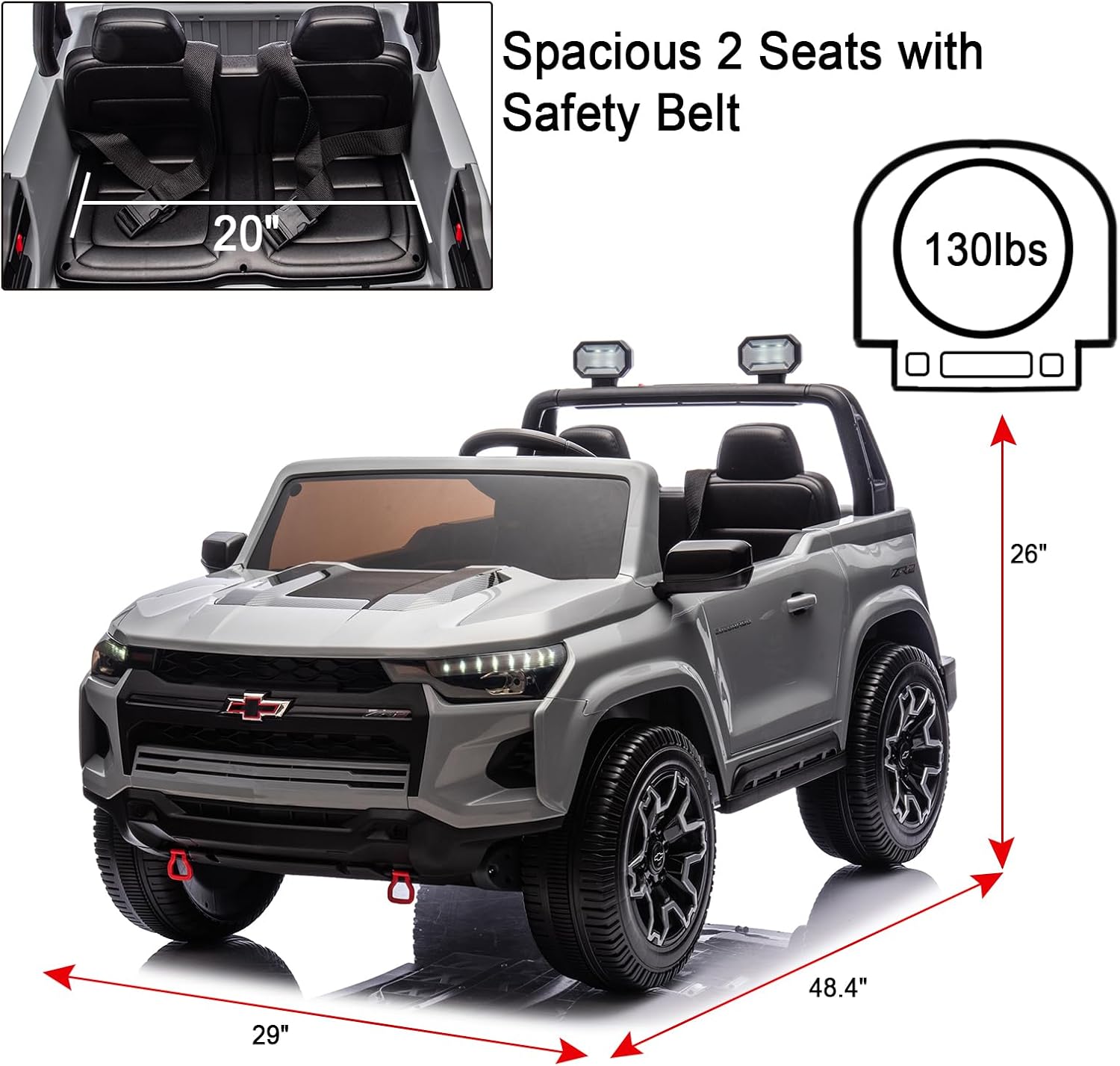 POSTACK 24V Kids Ride On Car Side by Side 2-Seater Truck Battery Powered 4 Wheel with Remote Control Electric Car UTV Truck Car Children Toy Gifts for Boys and Girls Gray