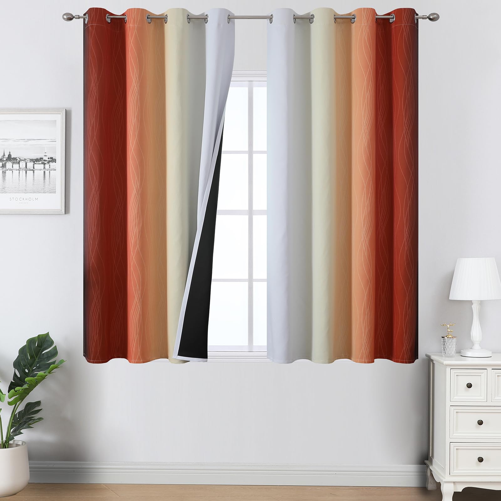 Estelar Textiler Burnt Orange and Greyish White Ombre Blackout Curtains 54 Inch Length for Window, Room Darkening Thermal Insulated Energy Efficient Grommet Drapes for Bedroom,52x54 Inch,2 Panels