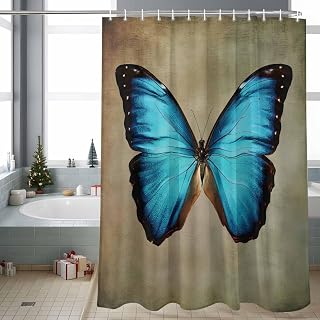 Blue Butterfly Shower Curtain Vintage Brown Retro Bug Farm Shower Curtains for Bathroom Washable Waterproof Fabric Curtain Sets with 12 Hooks 72x78
