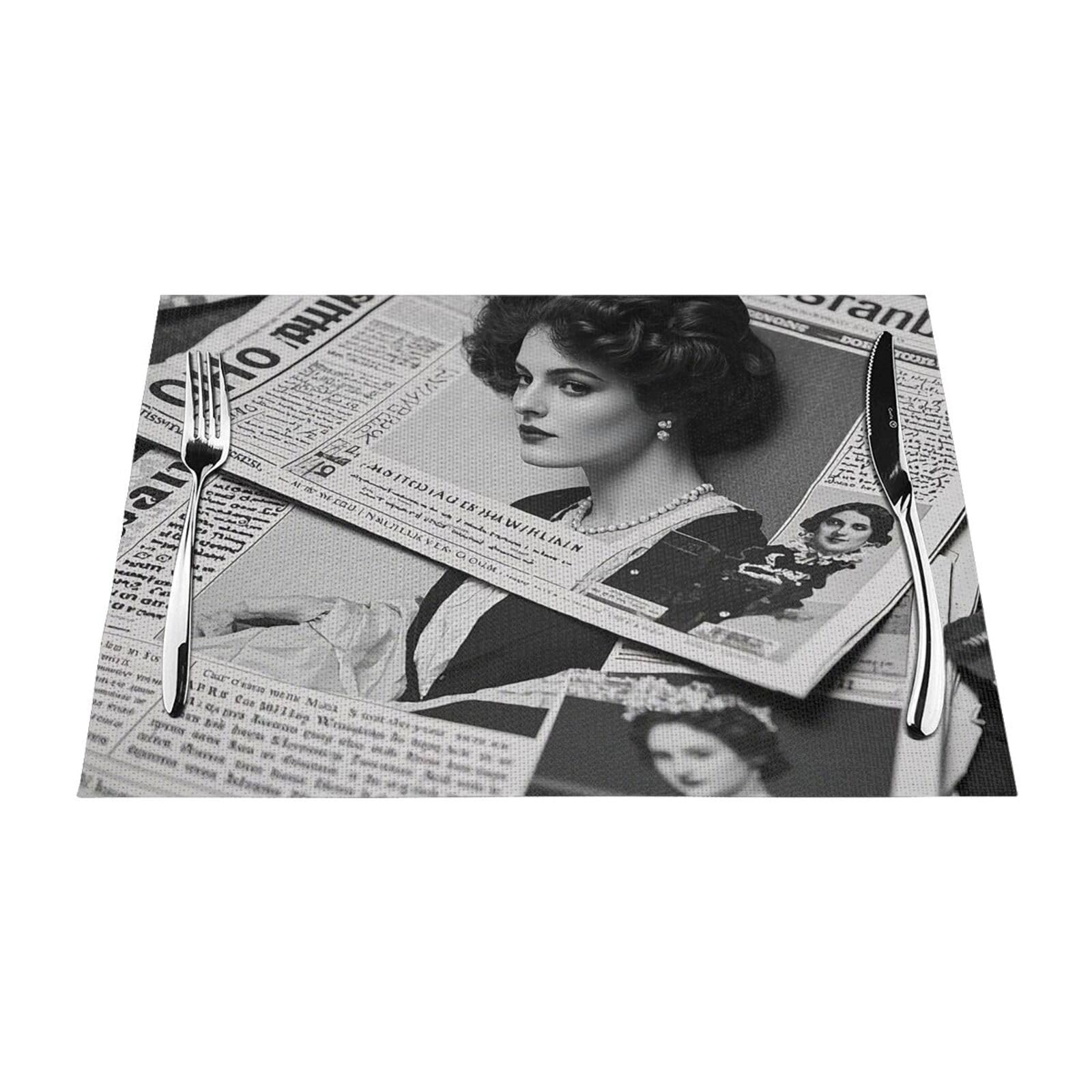 Newspaper Page Placemats Set of 1 - Woven Vinyl Kitchen Table Placemats - Heat Resistant Non-Slip Place Mats for Dining Table, Washable Indoor Outdoor Table Mats 12x18 Inch