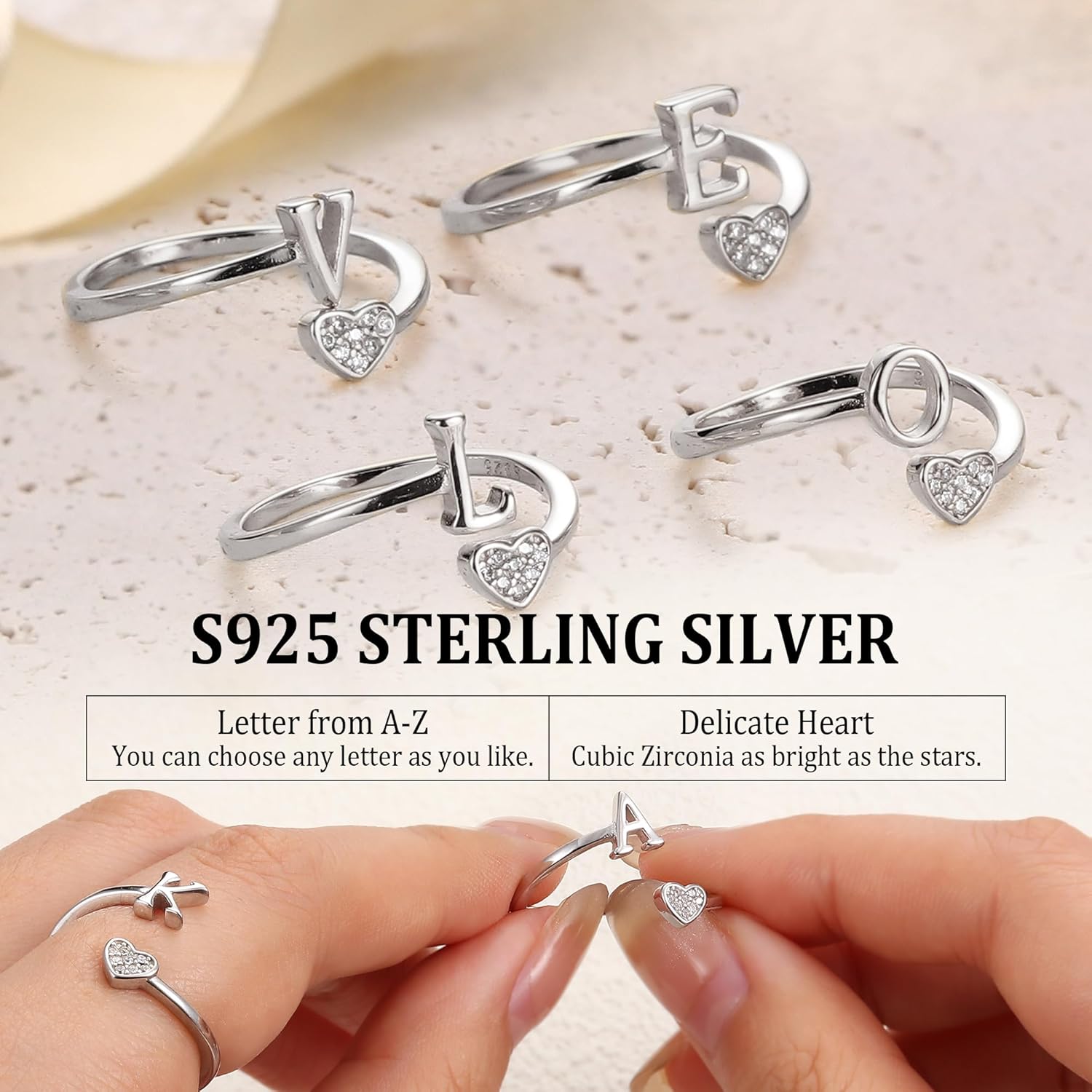 MILACOLATO Valentine's Day Gifts - 925 Sterling Silver Initial Rings for Women Teen Girl 18K Gold Plated Heart Letter Rings Adjustable Capital Letter Ring Stackable Thumb Pinky Rings for Mothers Daughter Birthday Bridesmaid Gifts Jewelry - Image 4