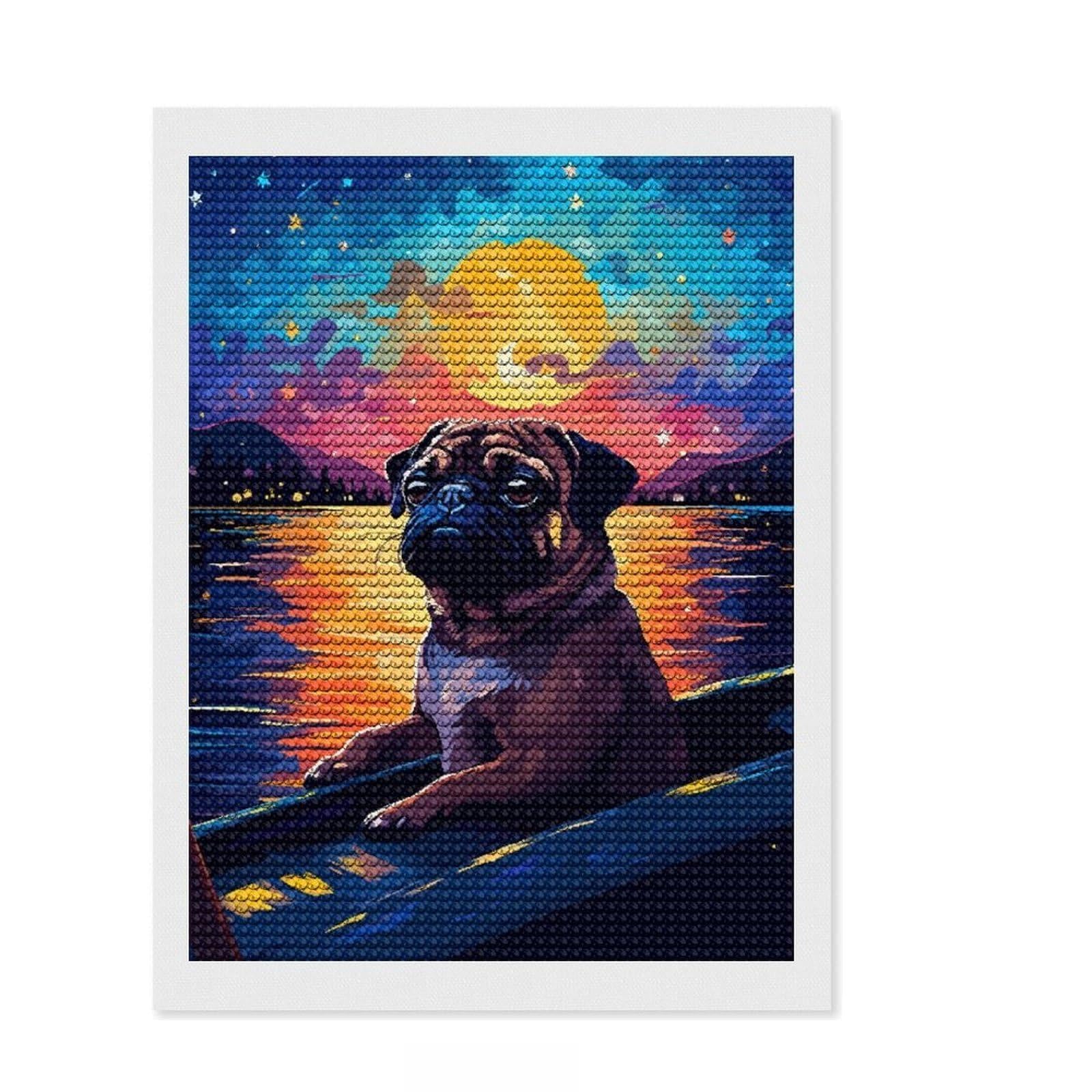 Junmoney Pug Boat Synth Pixel Art Crystal Diamond Art Kit 12"x16", Vintage Style Decor, Stress Relief Craft, Thoughtful Present, Aesthetic Room Decor