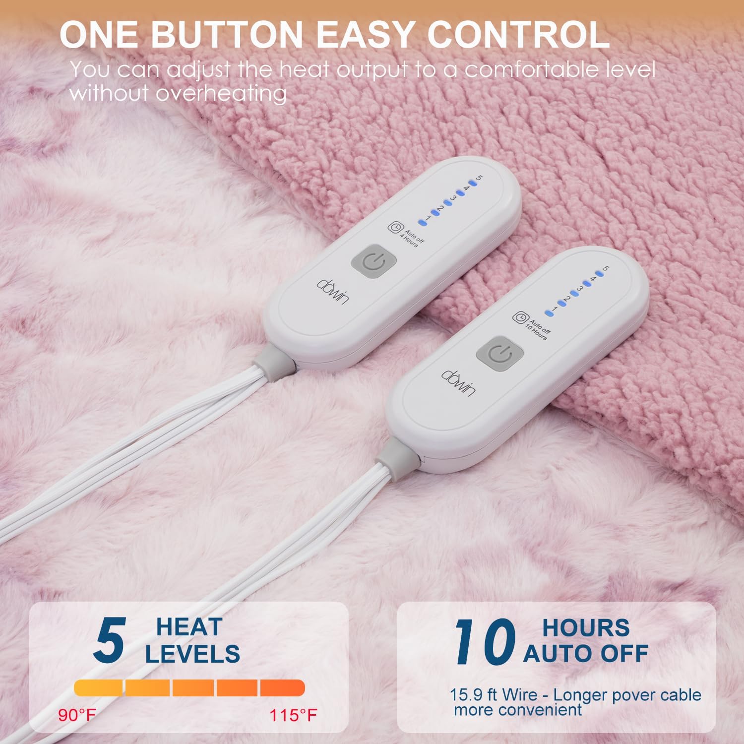 Dowin Electric Blanket King Size,100"x 90" Pink Heated Blanket Dual Controllers,Faux Fur & Sherpa, 5 Heating Levels & 10Hrs Auto Off, Over-Heat Protect, ETL, Machine Washable - Image 4