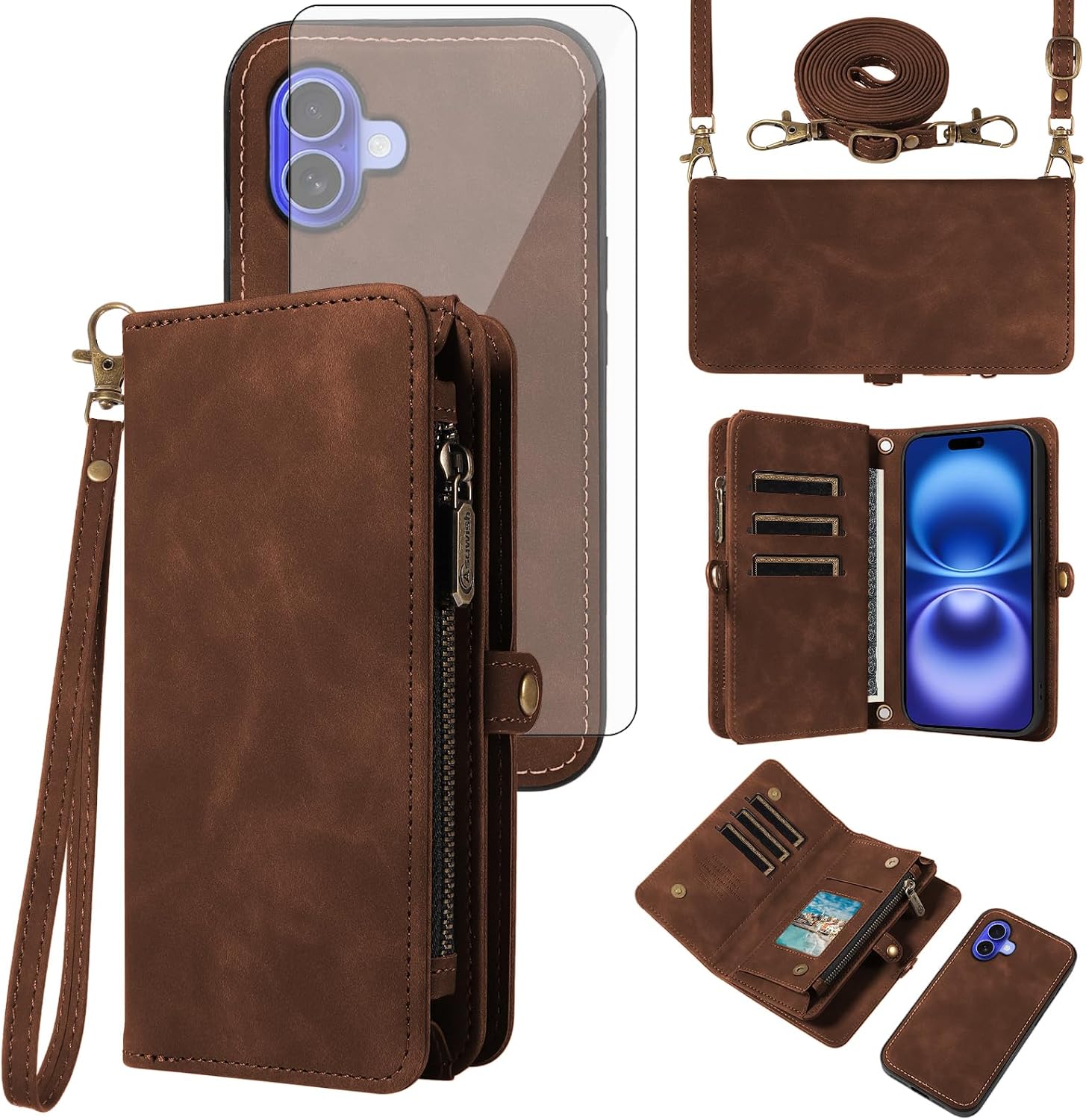 Asuwish Phone Case Compatible with iPhone 16 6.1 inch Zipper Wallet Cell Cover Tempered Glass Screen Protector Crossbody Lanyard Strap Flip Card Holder Slot i Phone16 i16 16Case Women Men Girls Brown