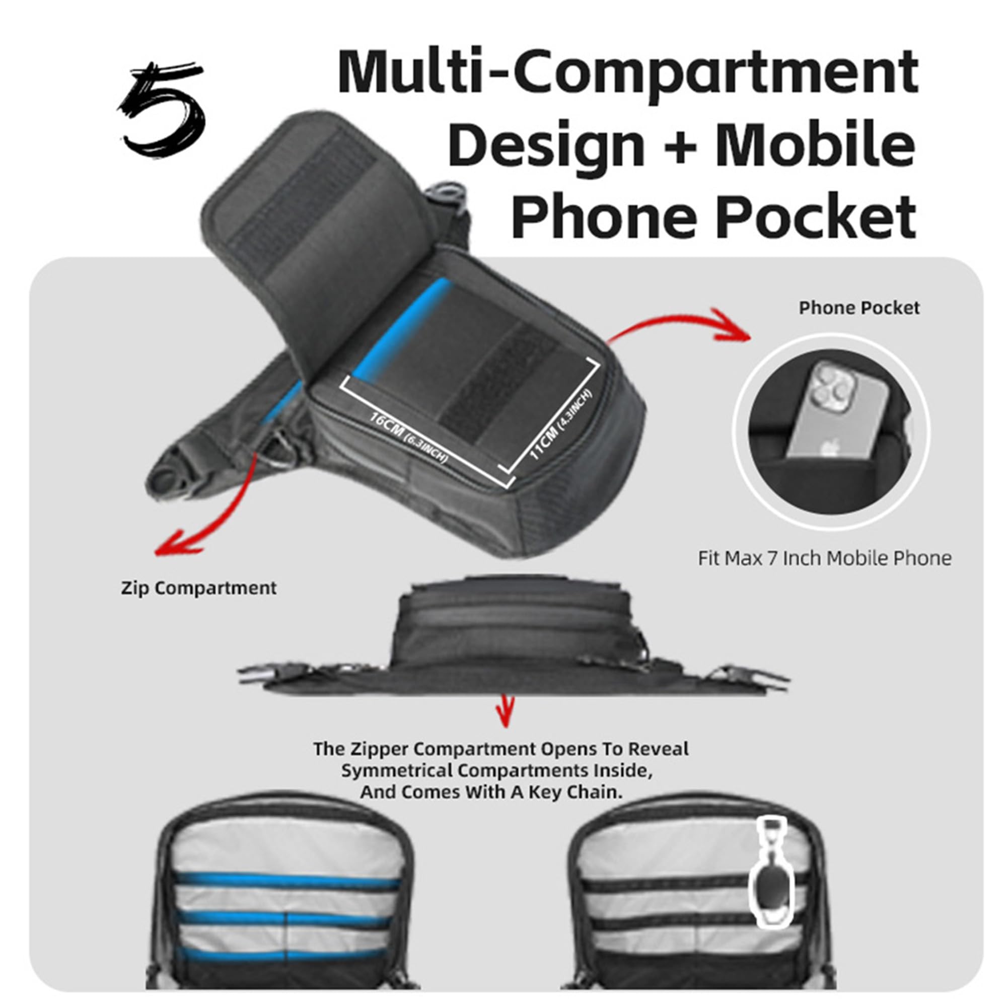 Rhinowalk Motorrad Tanktasche 2.4L mit Magnet & Gurten – Beintasche, Brusttasche, Crossbody-Bag mit Smartphone-Fach & Regenhülle