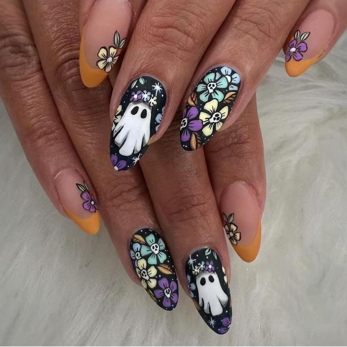 Halloween Press on Nails Medium Almond Fake Nails with Cute Ghost Designs Orange French Tip Stick on Nails Colorful Flowers Artificial Nail Full Cover