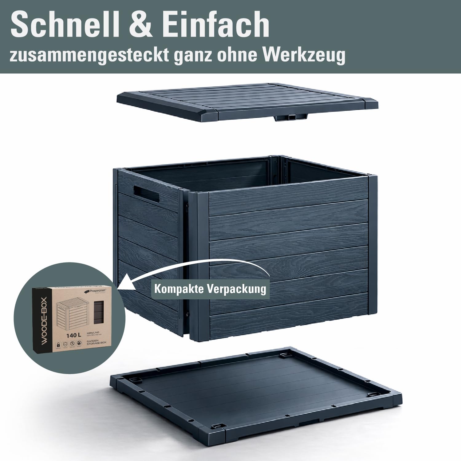 Prosperplast Woodebox Gartenbox Gartenkiste Kissenbox Kissentruhe Gartentruhe Verschließbar Kunststoff 140 Liter (Anthrazit)