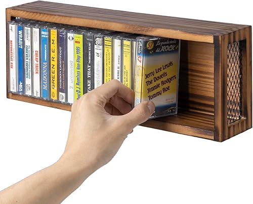 FARM IN Almacenamiento de cinta de casete, estilo granja, estante de casete para montaje en mesa o pared, madera maciza rústica quemada y malla de