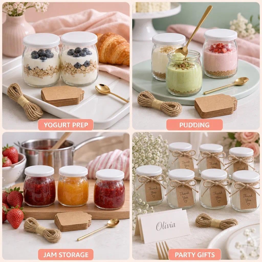 Słoiki deserowe, jogurt z pokrywką, szklanki deserowe 200 ml, 12 sztuk | Zawiera 12 etykiet, 12 sznurków i 2 łyżki do przechowywania budyniu, jogurtu, deserów i dżemów