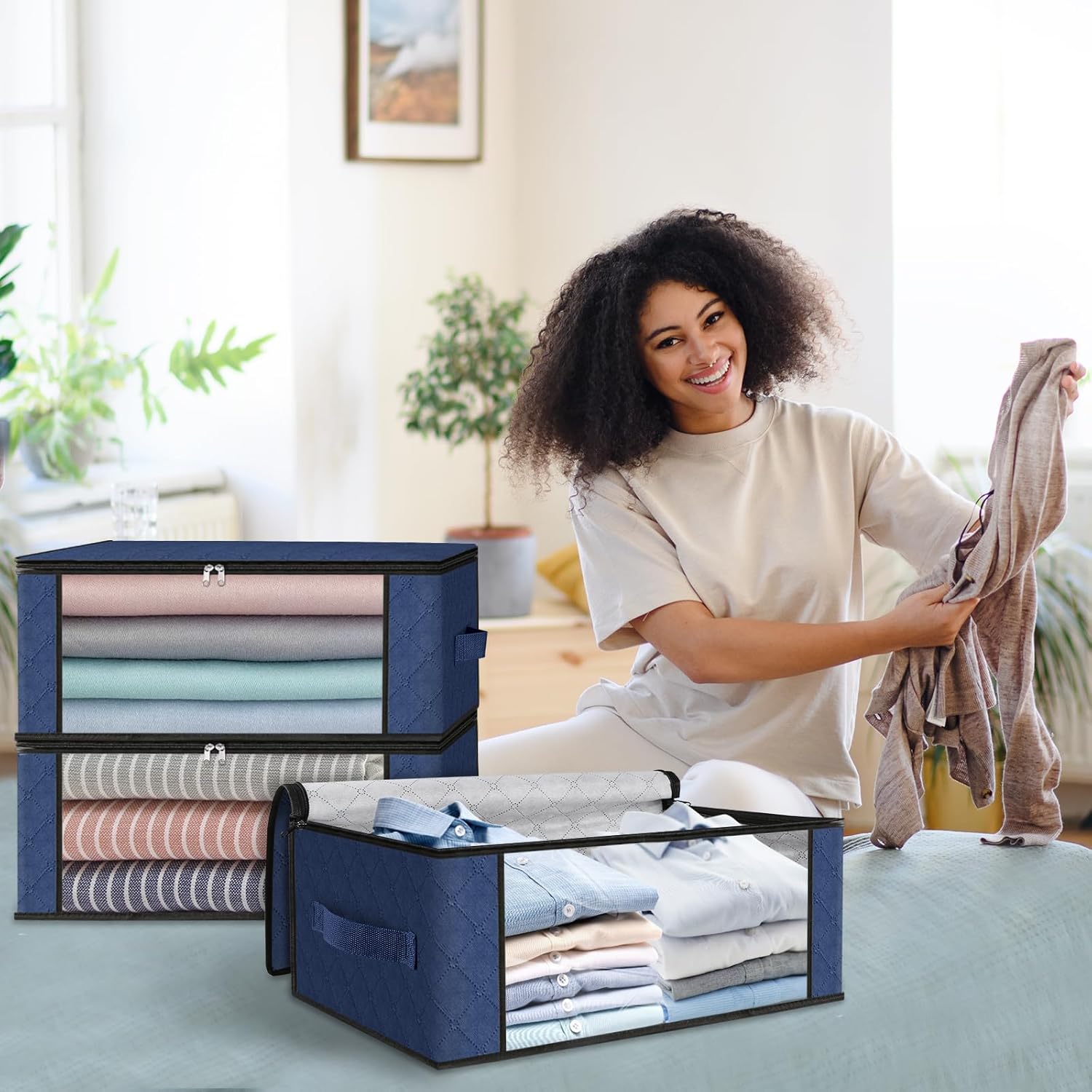 HomeHacks Storage 10-Pack Clothes Organizer Storage Bags Foldable Storage Box with Large Clear Window Sturdy Handles for Closet, Dorm, Pillows, Bedding, Clothes, Blankets, 35L, Blue