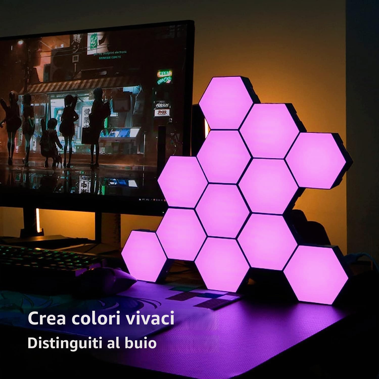 Pannelli LED RGB con Telecomando, Luci Esagonali LED Parete Gaming Pannello Muro Controllo Touch Luce Notturna,Fai da te Geometria Splicing Lampada Esagonale per Stanza da letto/Salotto/Party,7 Pezzi