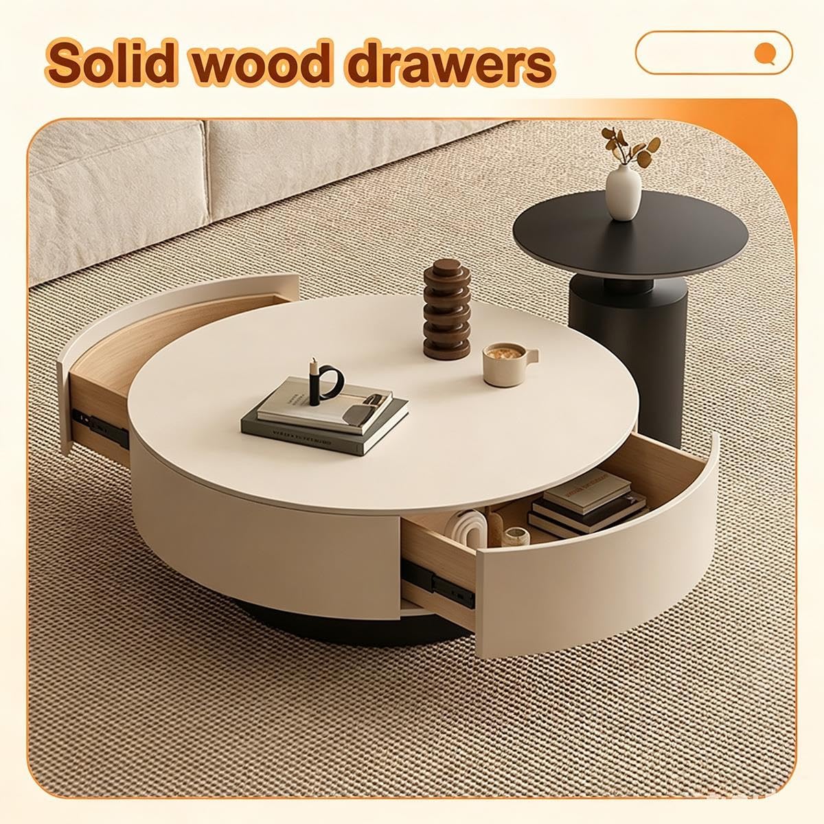 Couchtisch 2er Set Rund, wohnzimmer tisch mit Schubladen aus Massivholz