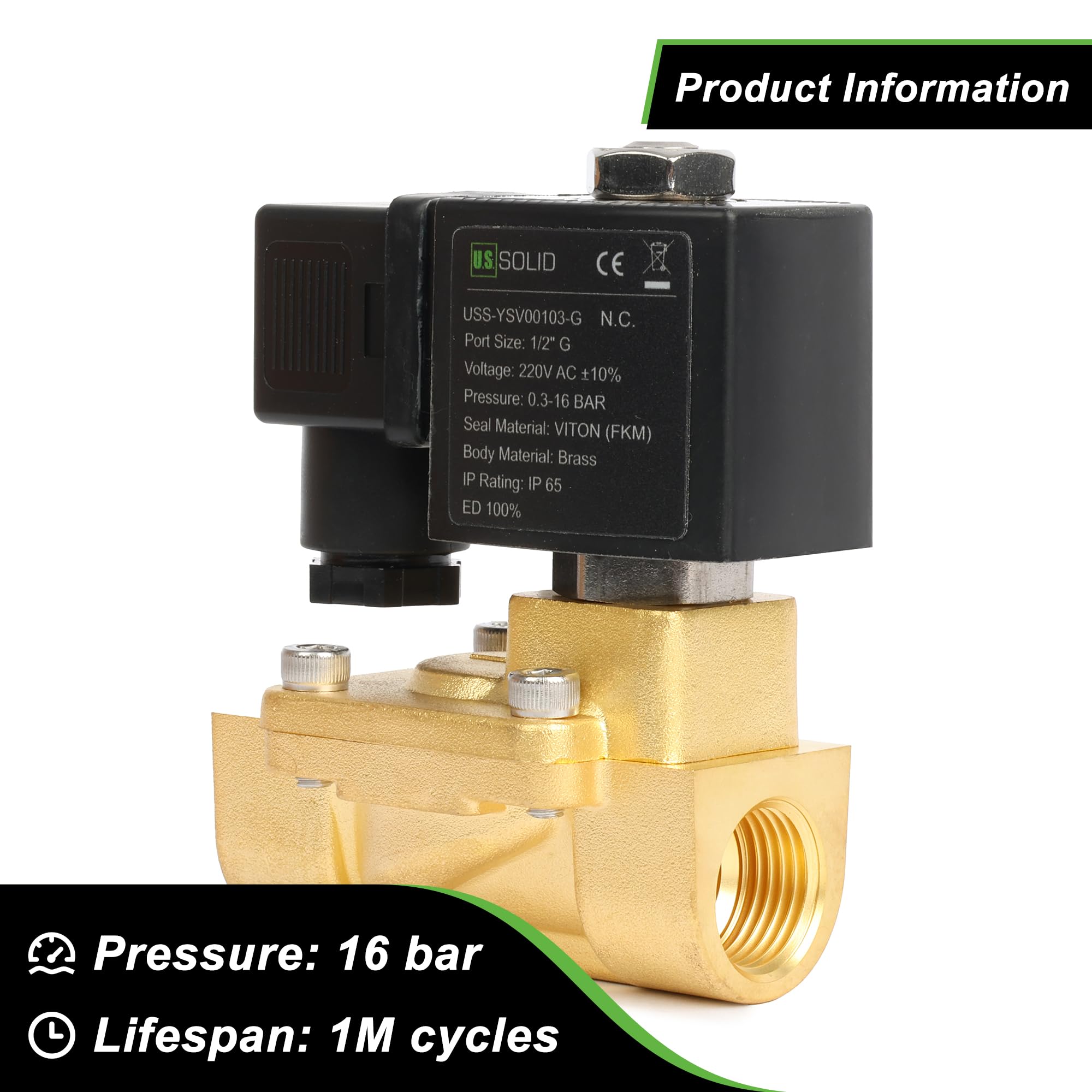 U.S. Solid Electroválvula de latón 1/2" 230 V CA, 0,3-16 bar, cerrado sin corriente, junta Viton, rosca G, controlada por piloto