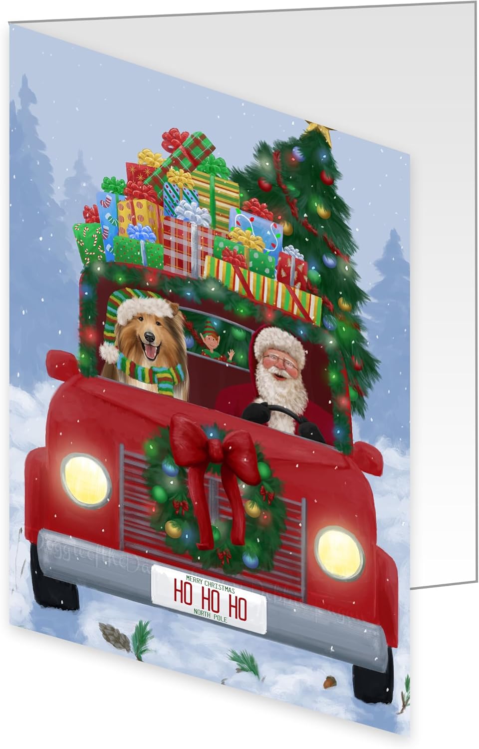 Christmas Honk Honk Red Truck Here Comes with Santa and Rough Collie Dogs Greeting Cards - Pets Invitation Cards with Envelopes - Pet Artwork Christmas Greeting Cards GCD75665 (10 Greeting Cards)